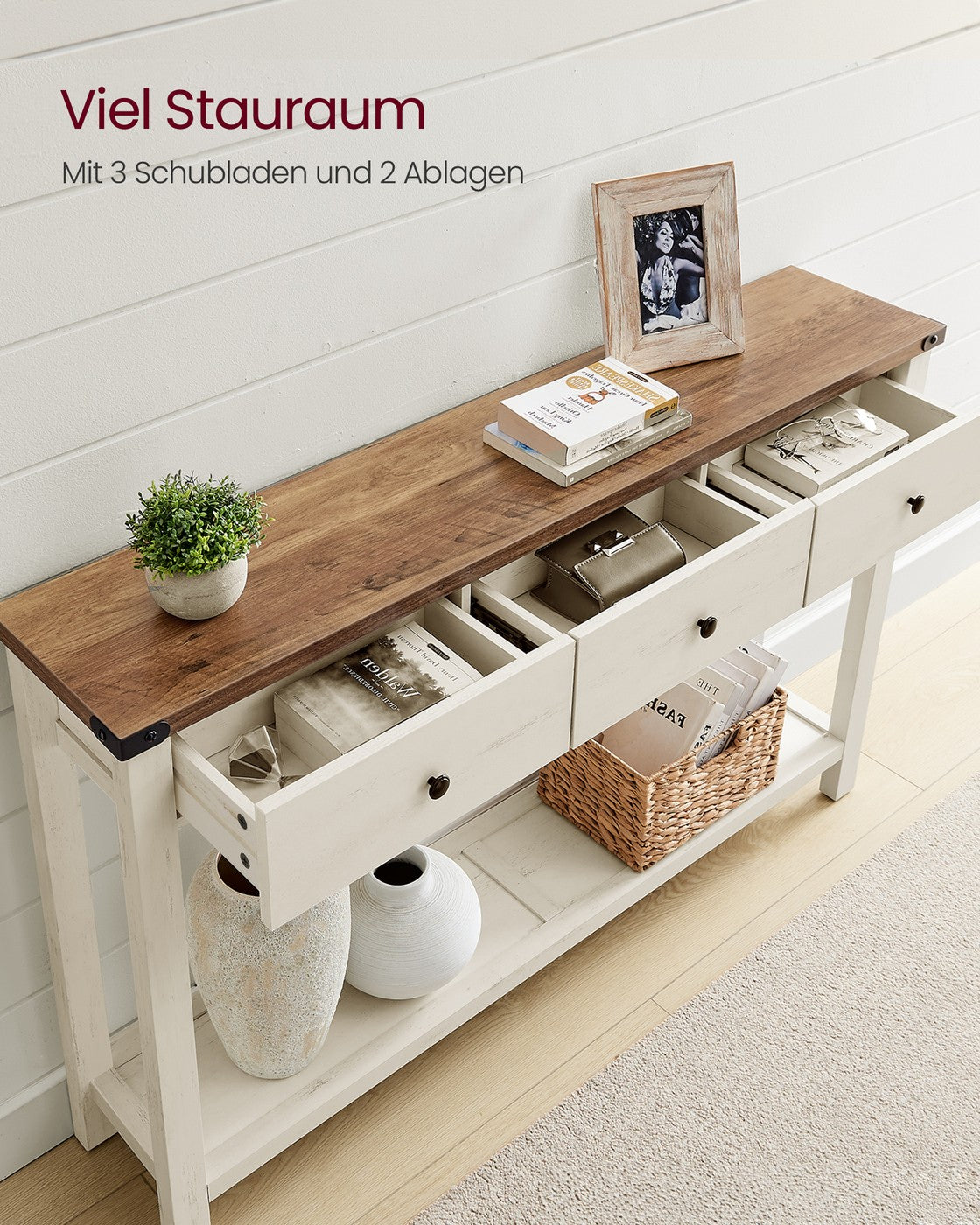 Konsolentisch mit Schubladen und unterer Ablage Honigbraun-Vintageweiß