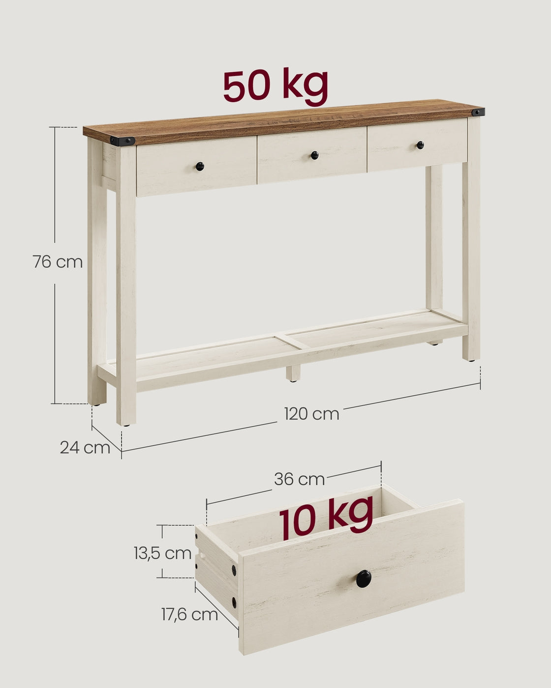 Konsolentisch mit Schubladen und unterer Ablage Honigbraun-Vintageweiß