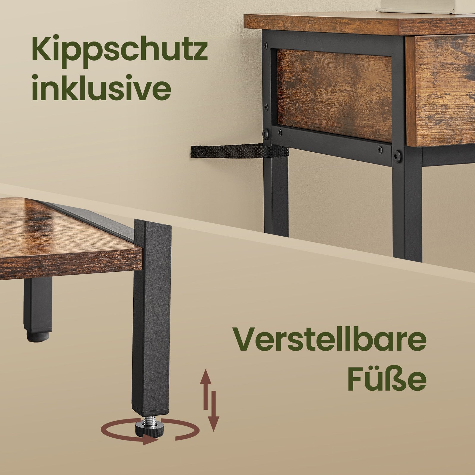 Industrieller Konsolentisch mit 2 Schubladen, Couchtisch aus Stahl für Wohnzimmer, Schlafzimmer