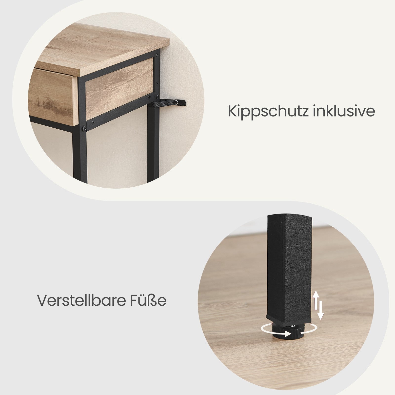 Industrieller Konsolentisch mit 2 Schubladen, Couchtisch aus Stahl für Wohnzimmer, kamelbraun-schwarz