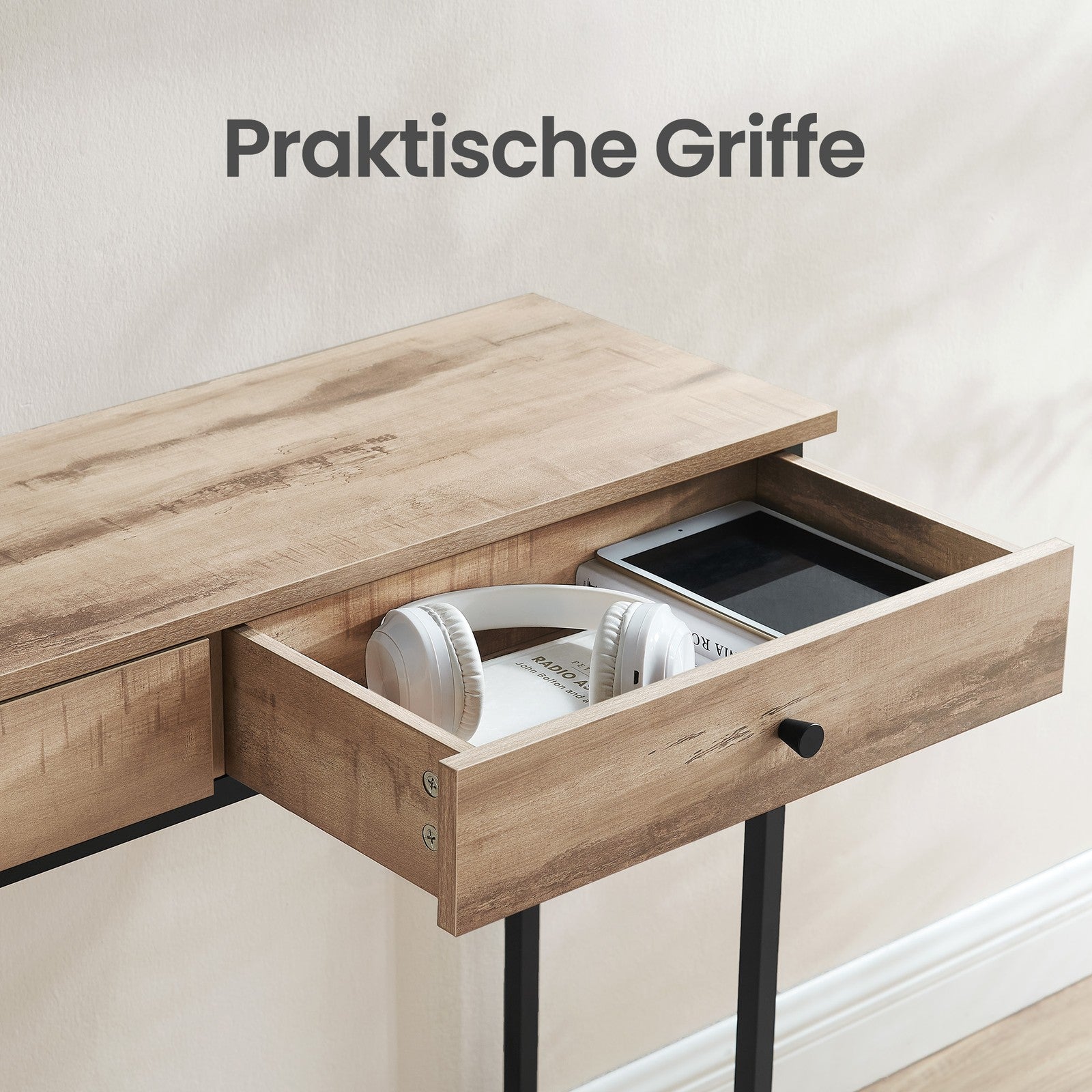Industrieller Konsolentisch mit 2 Schubladen, Couchtisch aus Stahl für Wohnzimmer, kamelbraun-schwarz