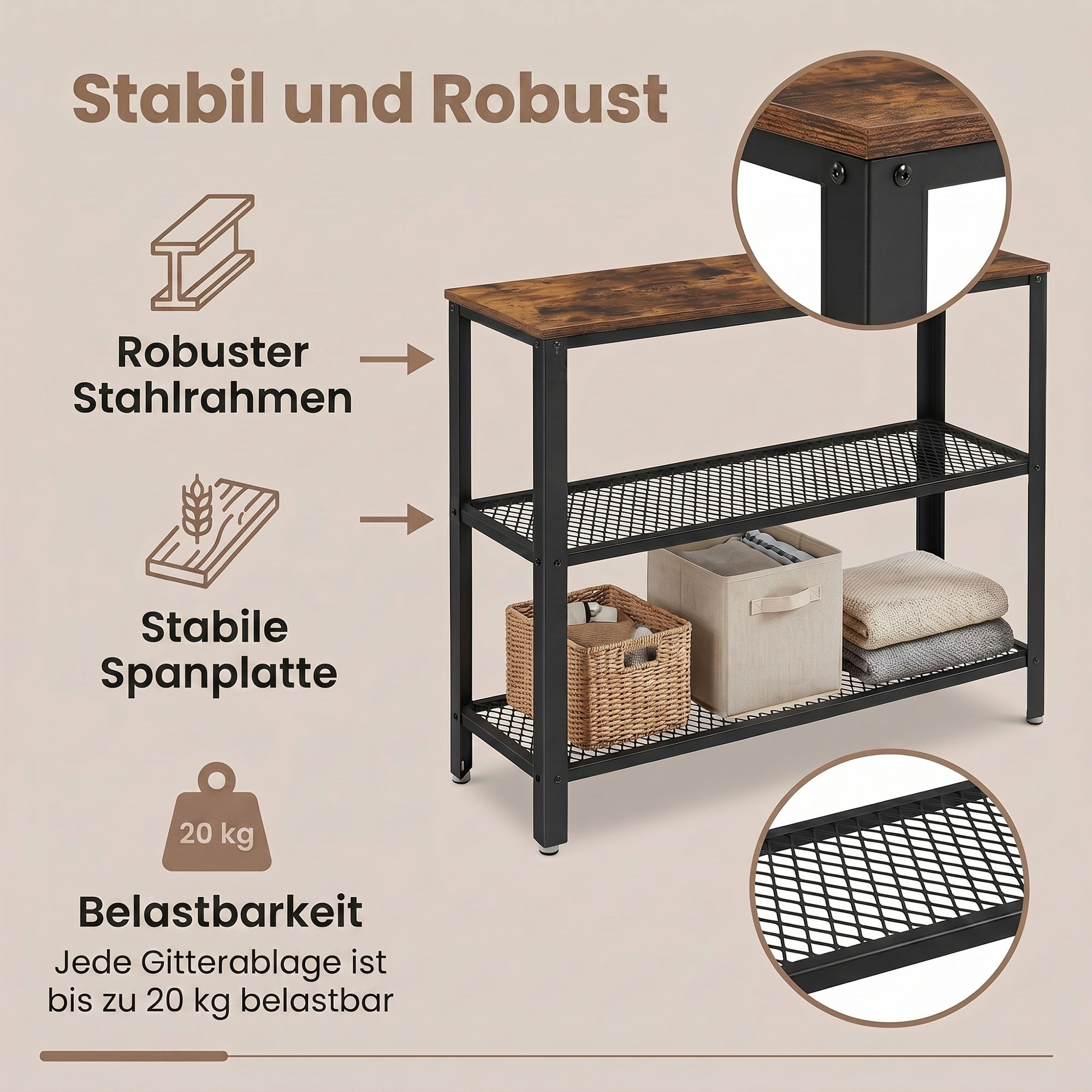 Konsolentisch, Flurtisch mit 2 Gitterablagen, Beistelltisch