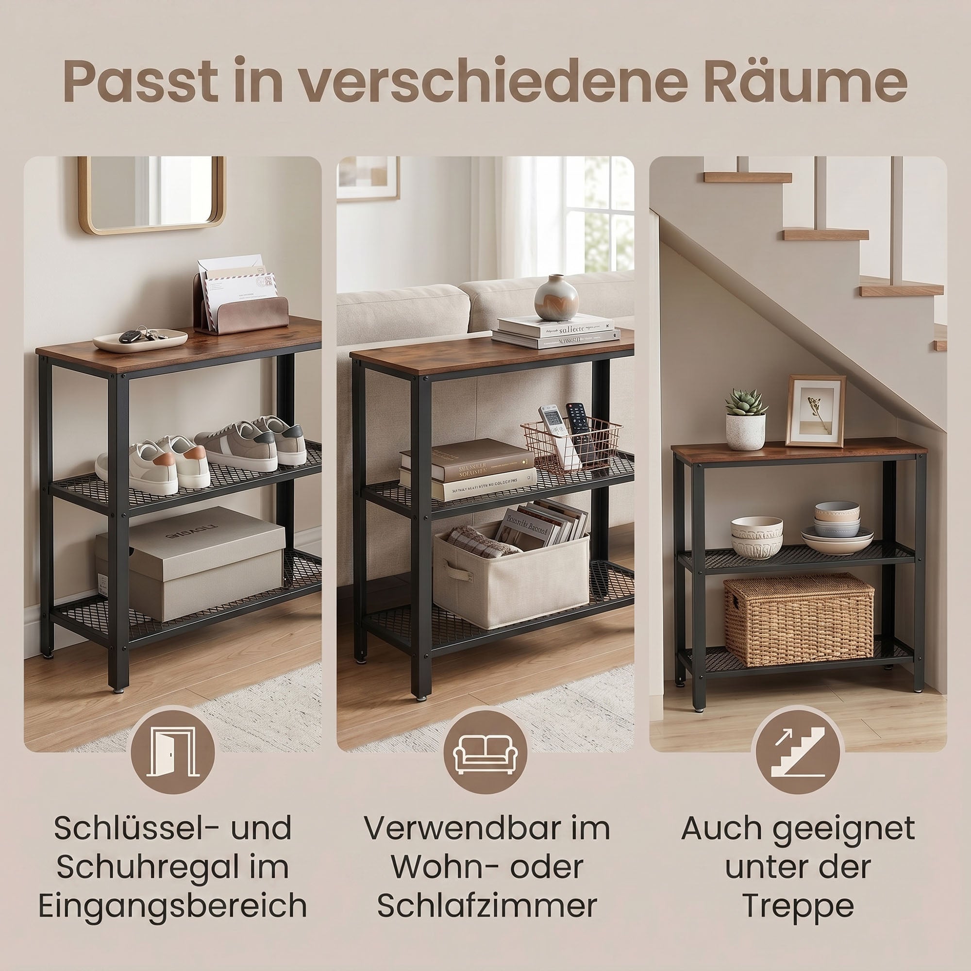Konsolentisch, Flurtisch mit 2 Gitterablagen, Beistelltisch