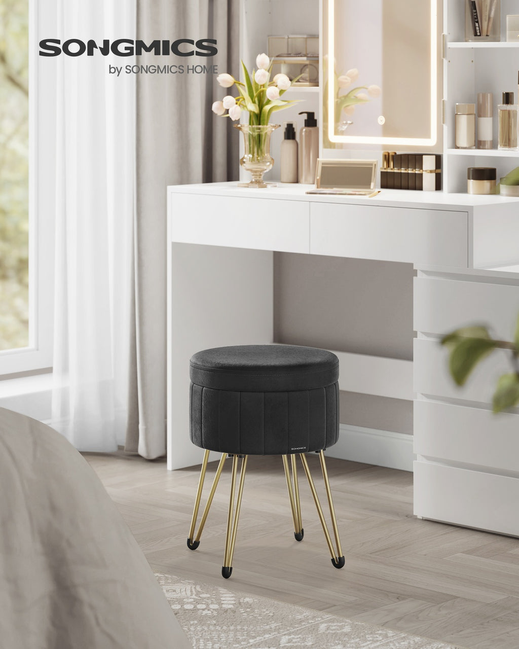 Sitzhocker mit Stauraum und 4 Metallbeinen tintenschwarz
