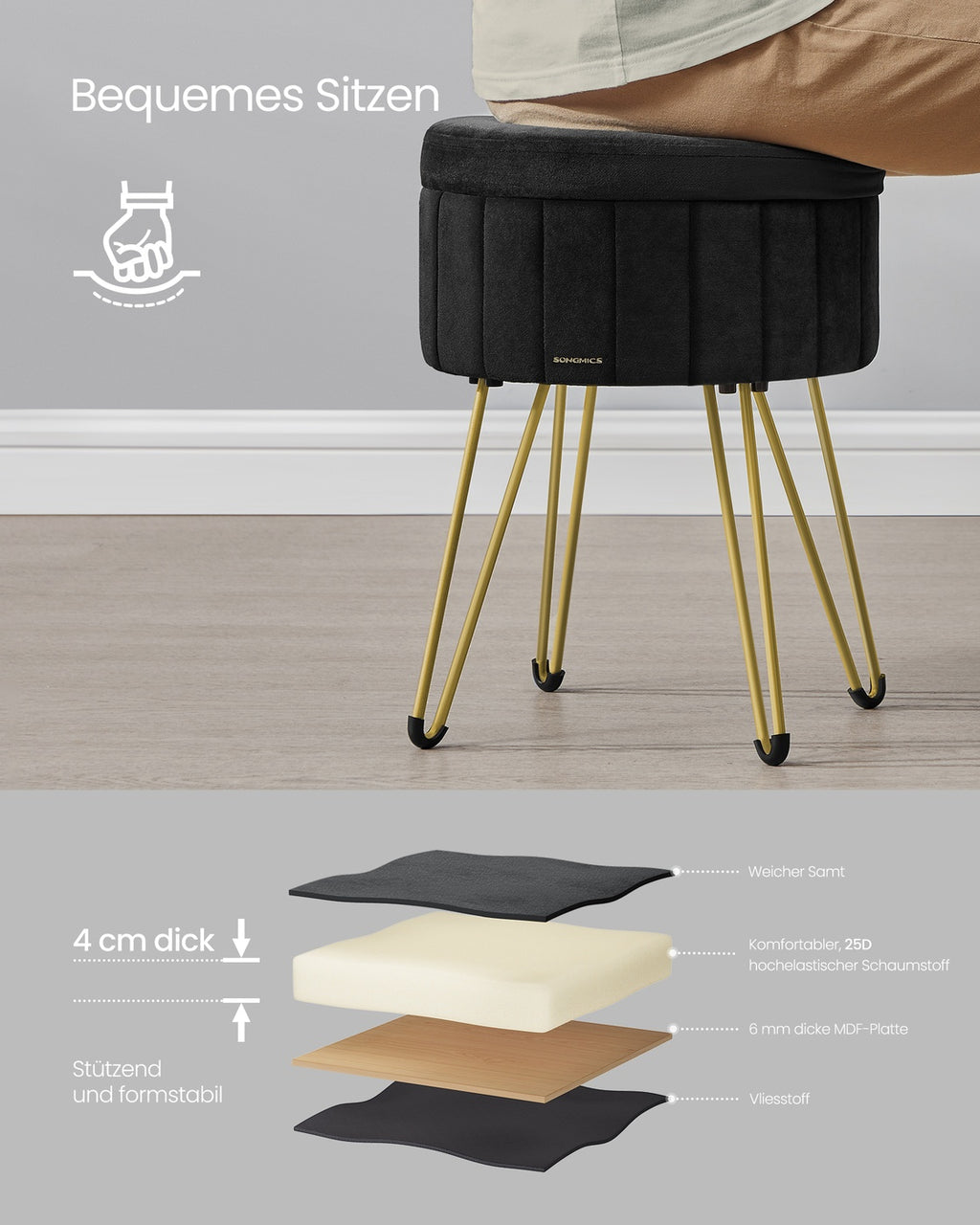 Sitzhocker mit Stauraum und 4 Metallbeinen tintenschwarz