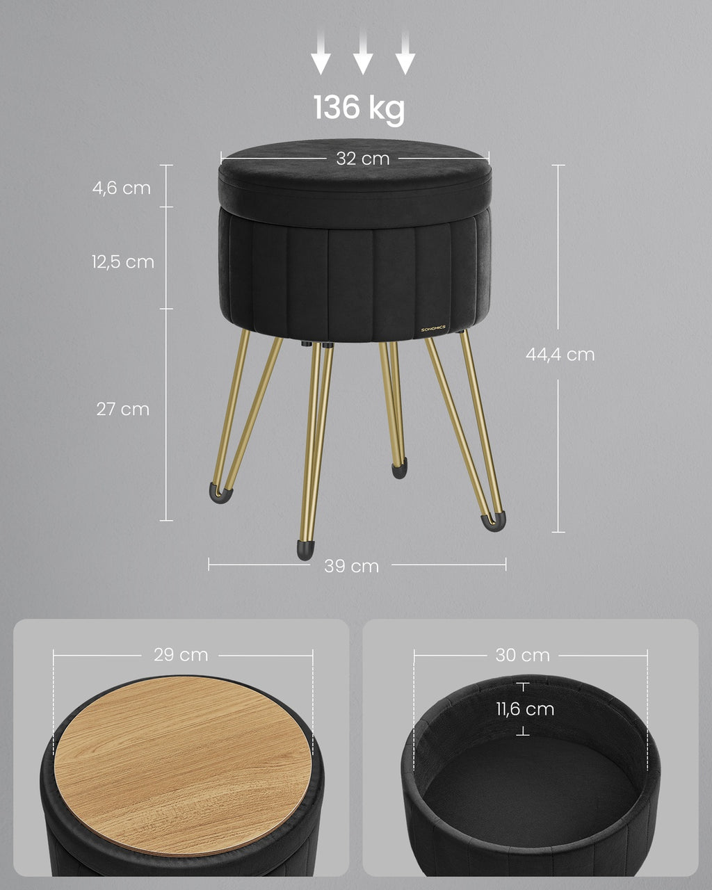 Sitzhocker mit Stauraum und 4 Metallbeinen tintenschwarz