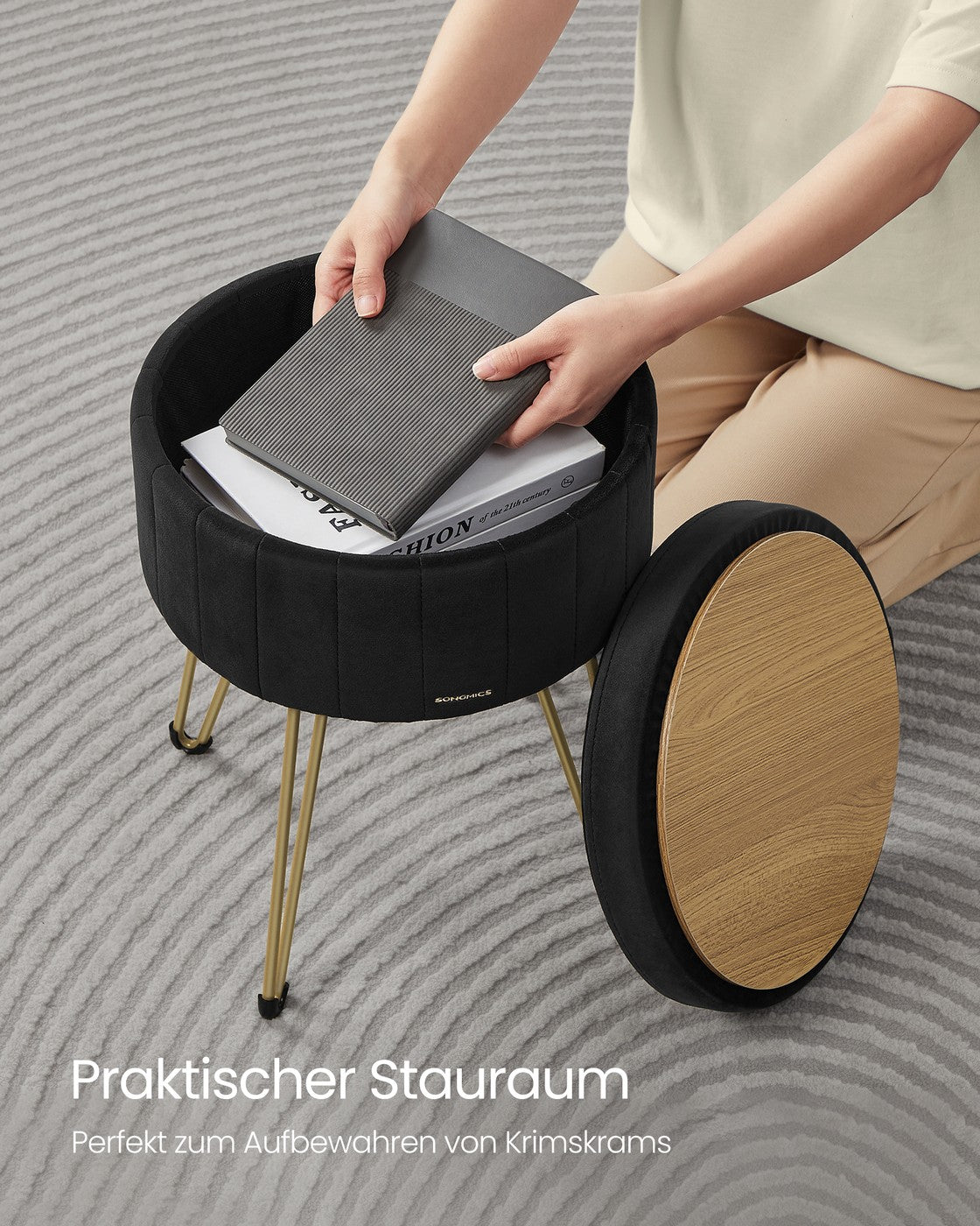Sitzhocker mit Stauraum und 4 Metallbeinen tintenschwarz