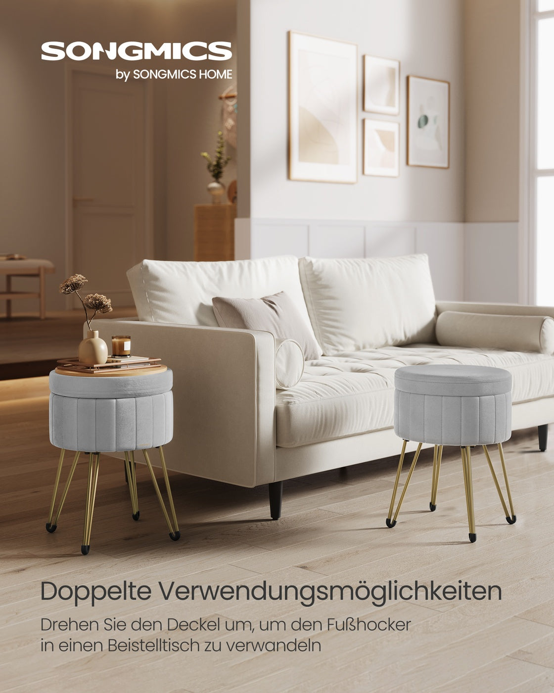 Sitzhocker mit Stauraum und 4 Metallbeinen taubengrau