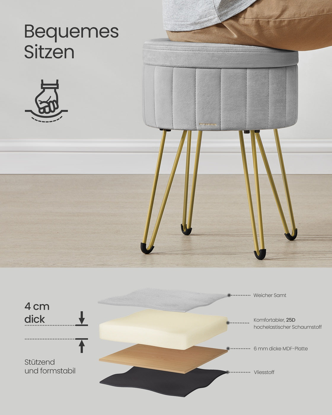 Sitzhocker mit Stauraum und 4 Metallbeinen taubengrau