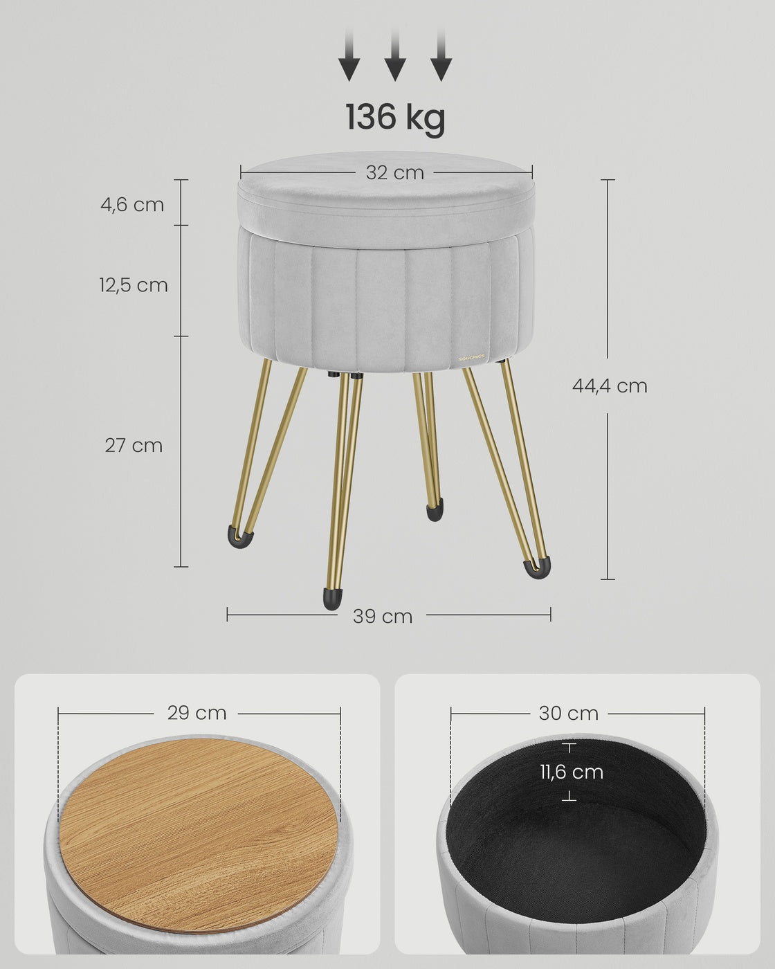 Sitzhocker mit Stauraum und 4 Metallbeinen taubengrau
