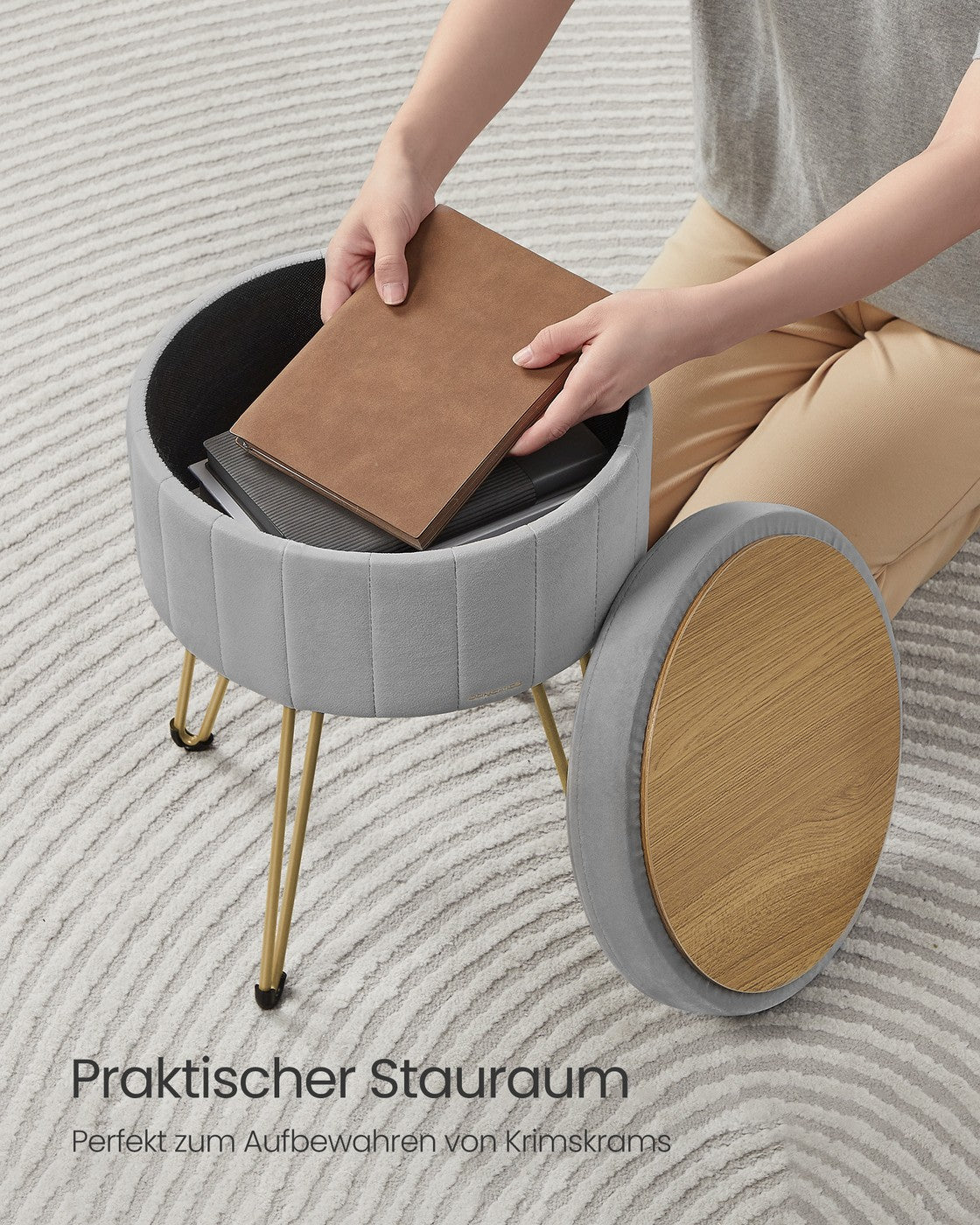 Sitzhocker mit Stauraum und 4 Metallbeinen taubengrau