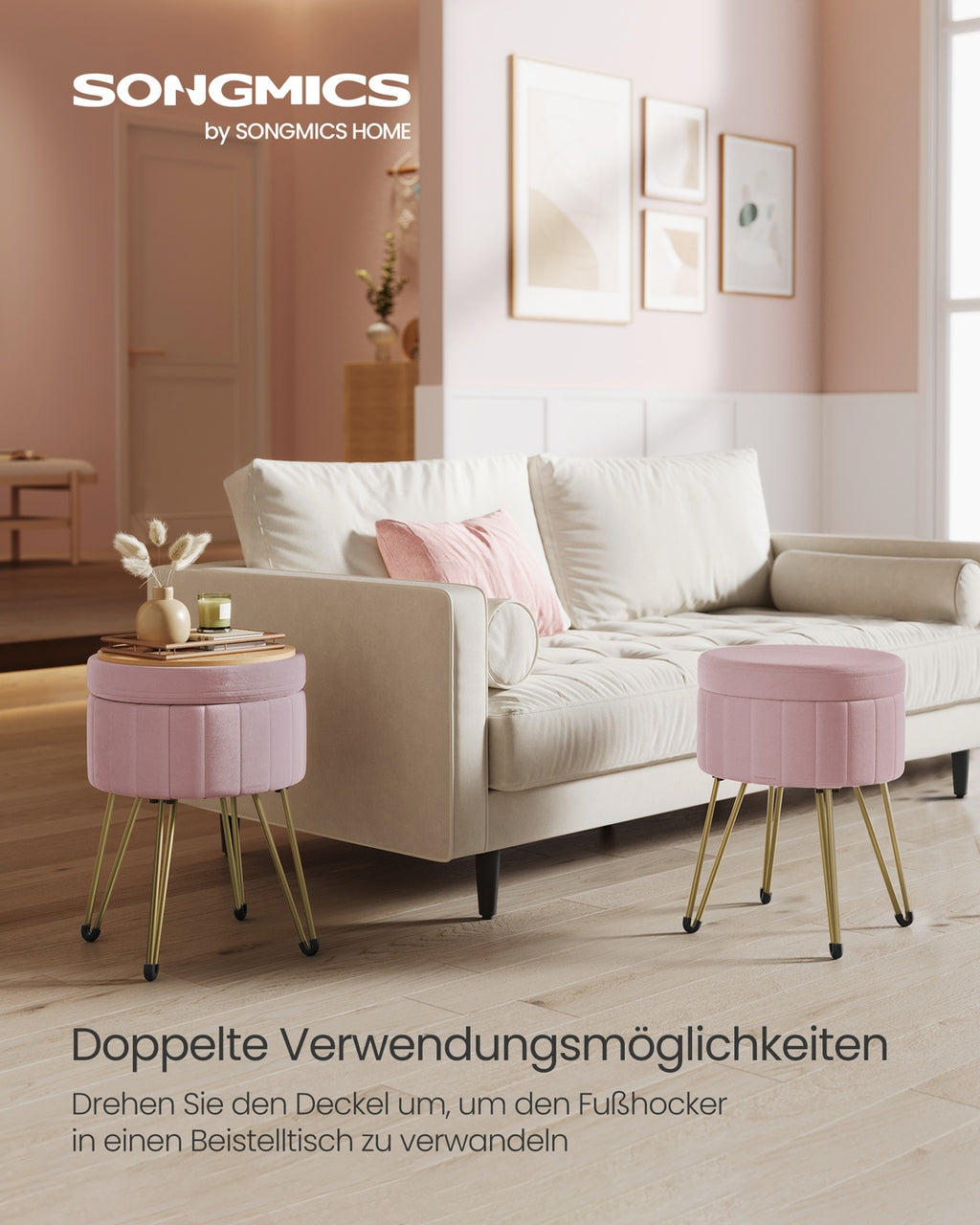 Sitzhocker mit Stauraum und 4 Metallbeinen pastellrosa