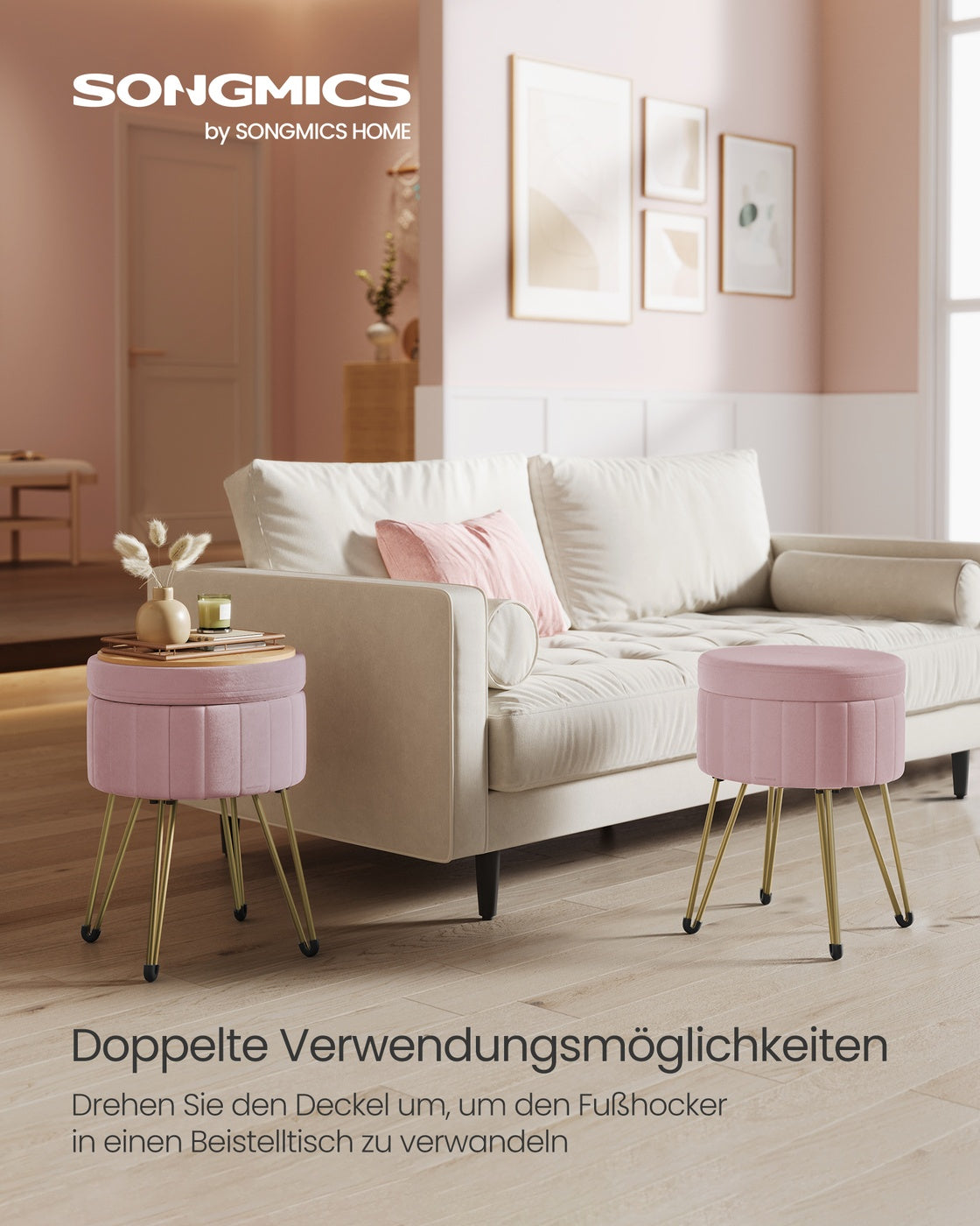 Sitzhocker mit Stauraum und 4 Metallbeinen pastellrosa