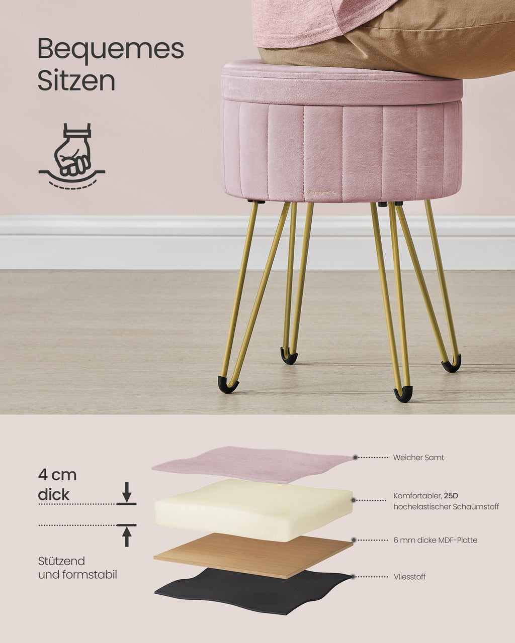 Sitzhocker mit Stauraum und 4 Metallbeinen pastellrosa