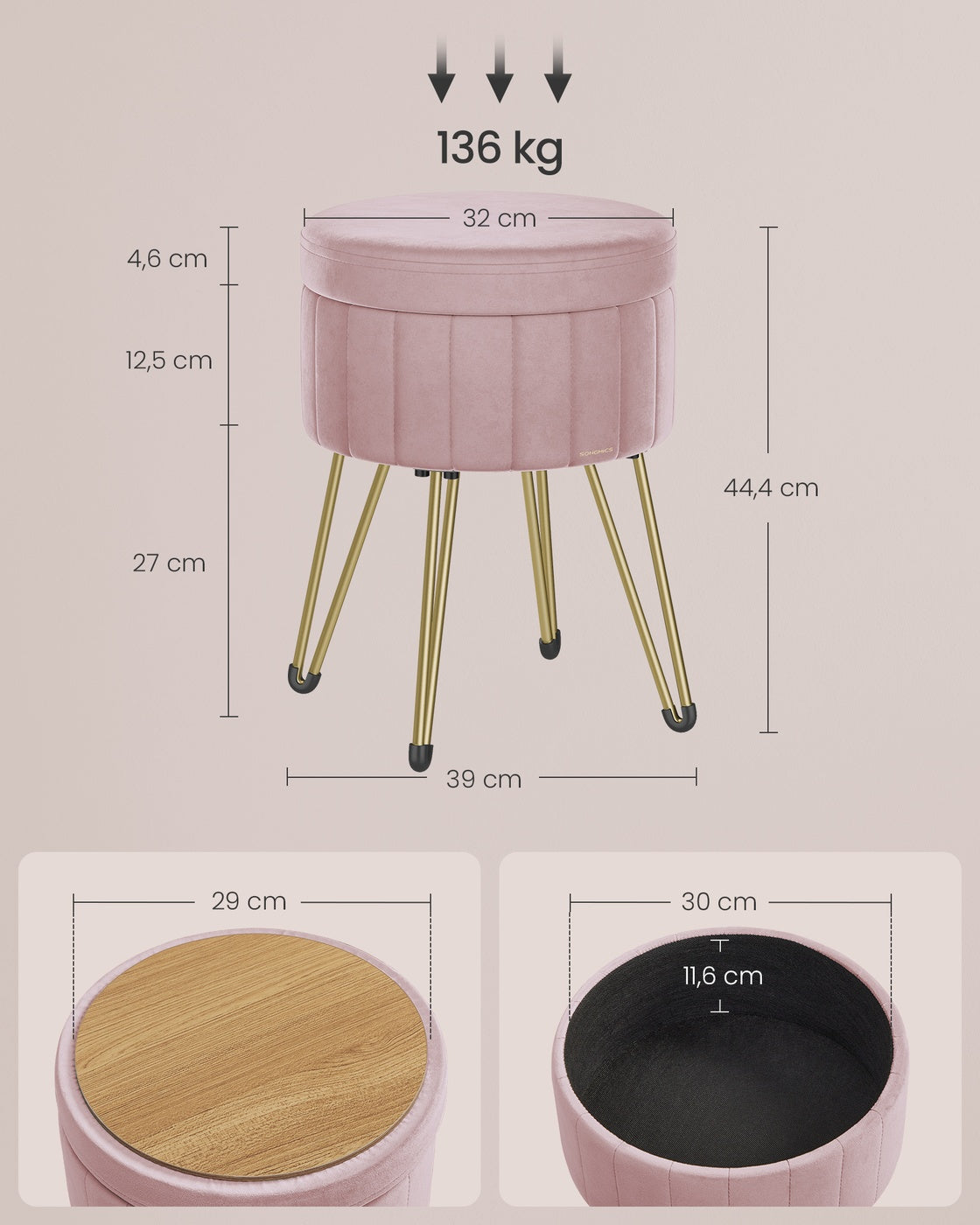 Sitzhocker mit Stauraum und 4 Metallbeinen pastellrosa
