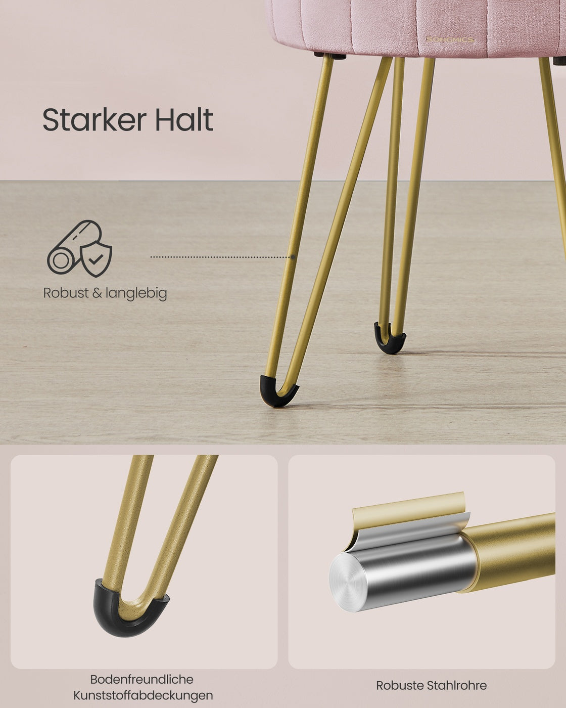 Sitzhocker mit Stauraum und 4 Metallbeinen pastellrosa