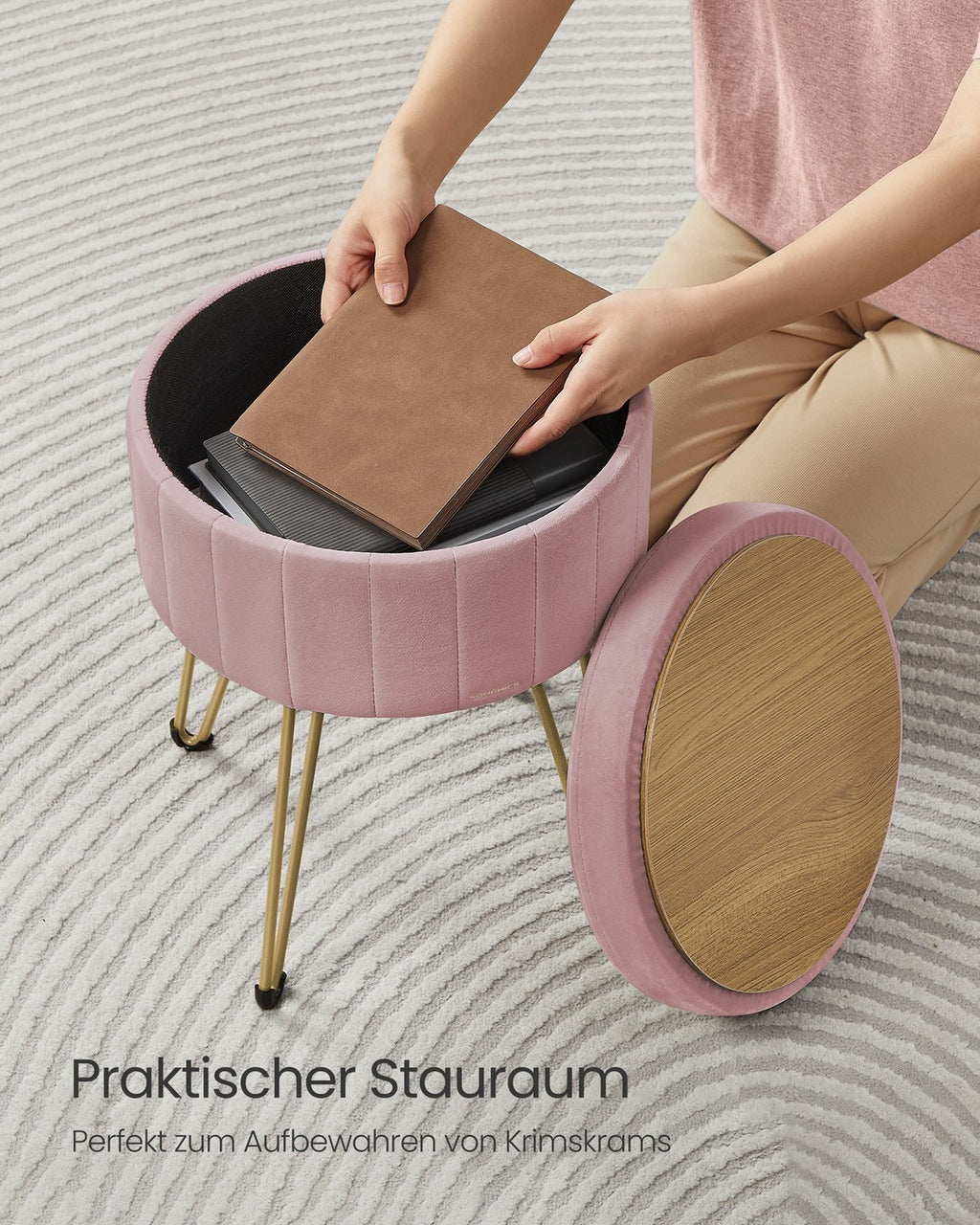 Sitzhocker mit Stauraum und 4 Metallbeinen pastellrosa