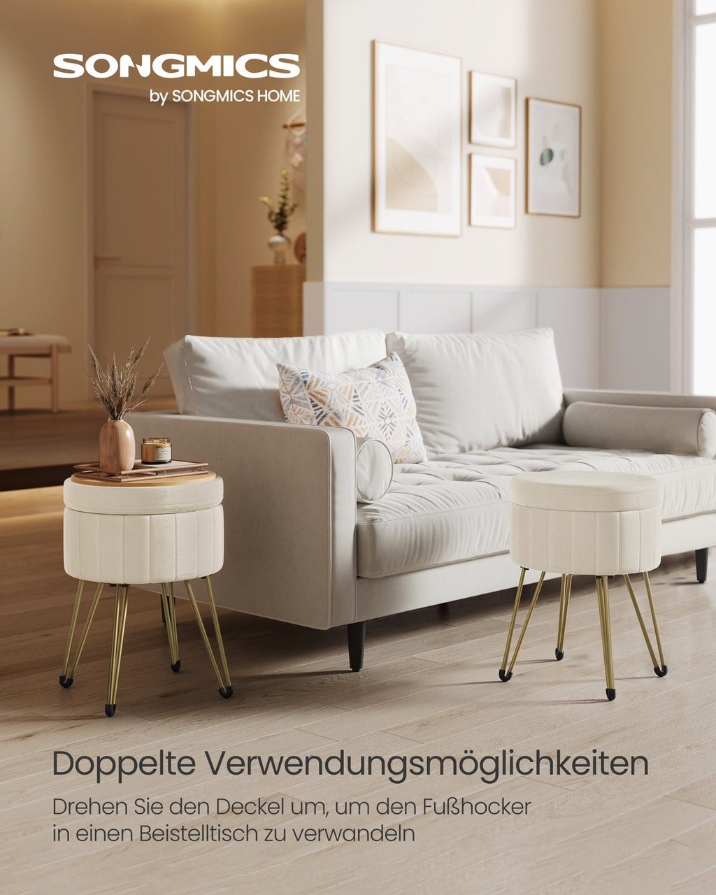 Sitzhocker mit Stauraum und 4 Metallbeinen cremeweiß