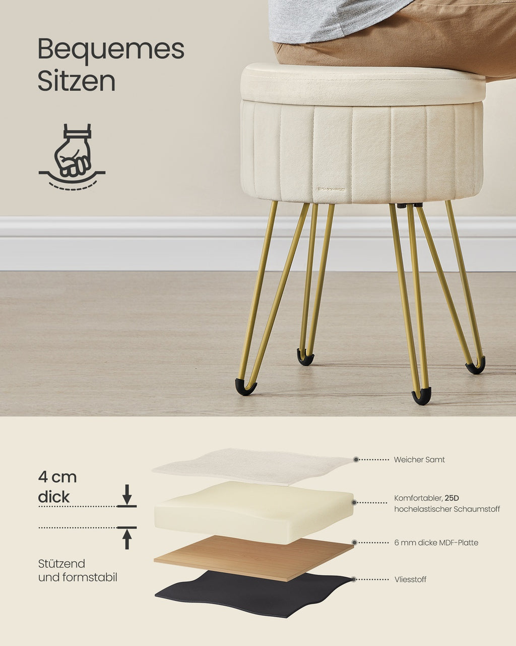 Sitzhocker mit Stauraum und 4 Metallbeinen cremeweiß