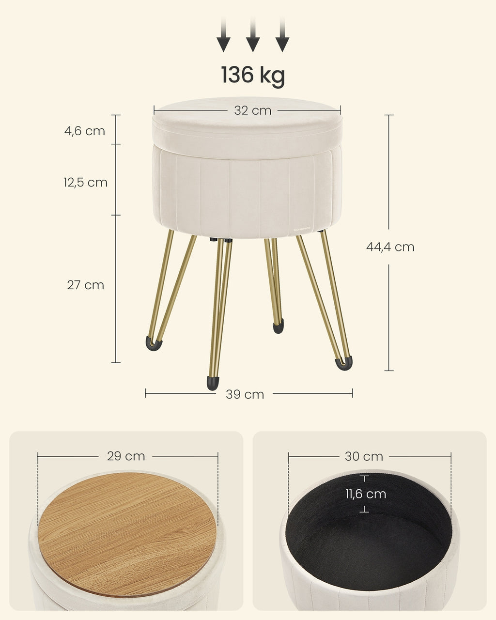 Sitzhocker mit Stauraum und 4 Metallbeinen cremeweiß