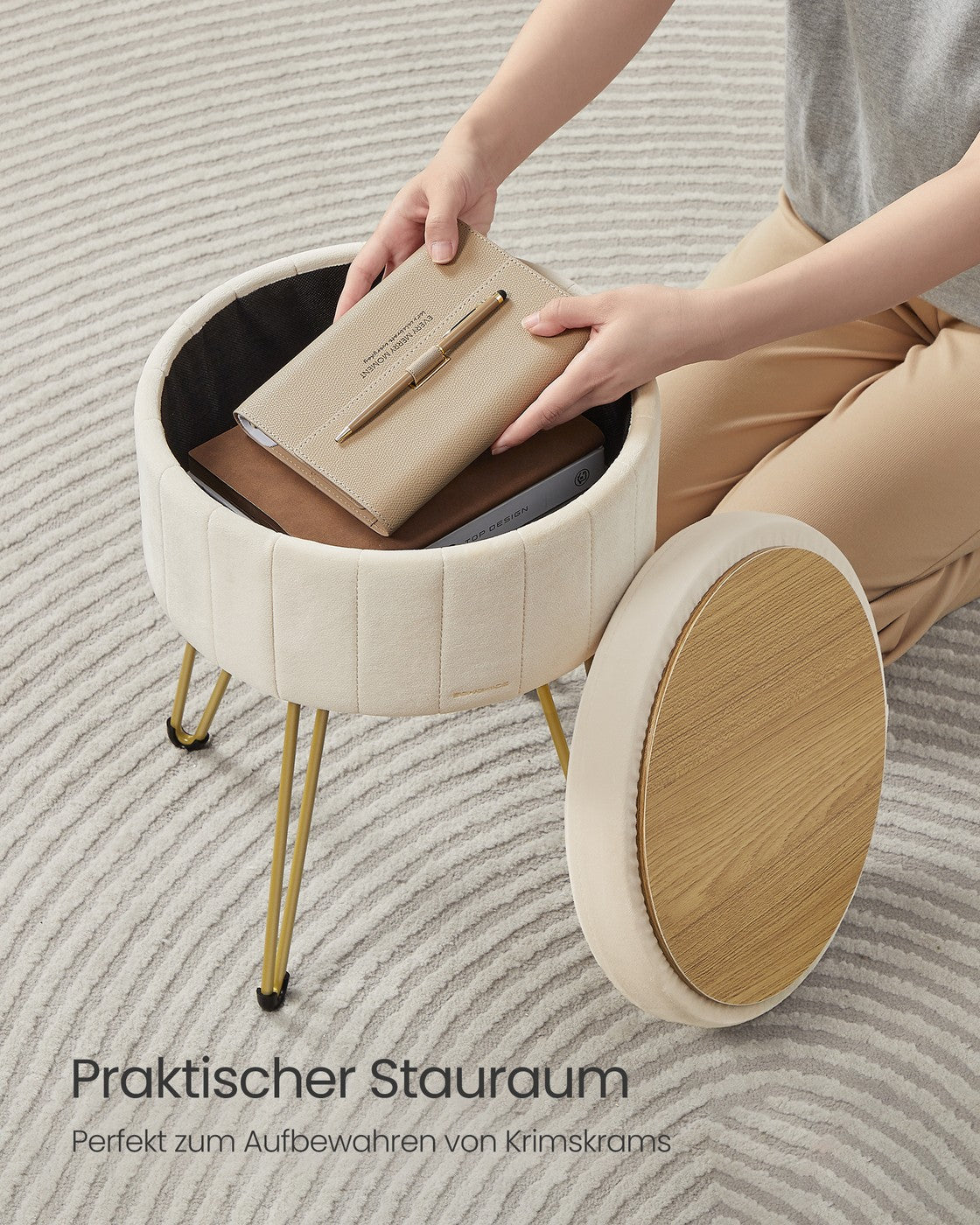 Sitzhocker mit Stauraum und 4 Metallbeinen cremeweiß