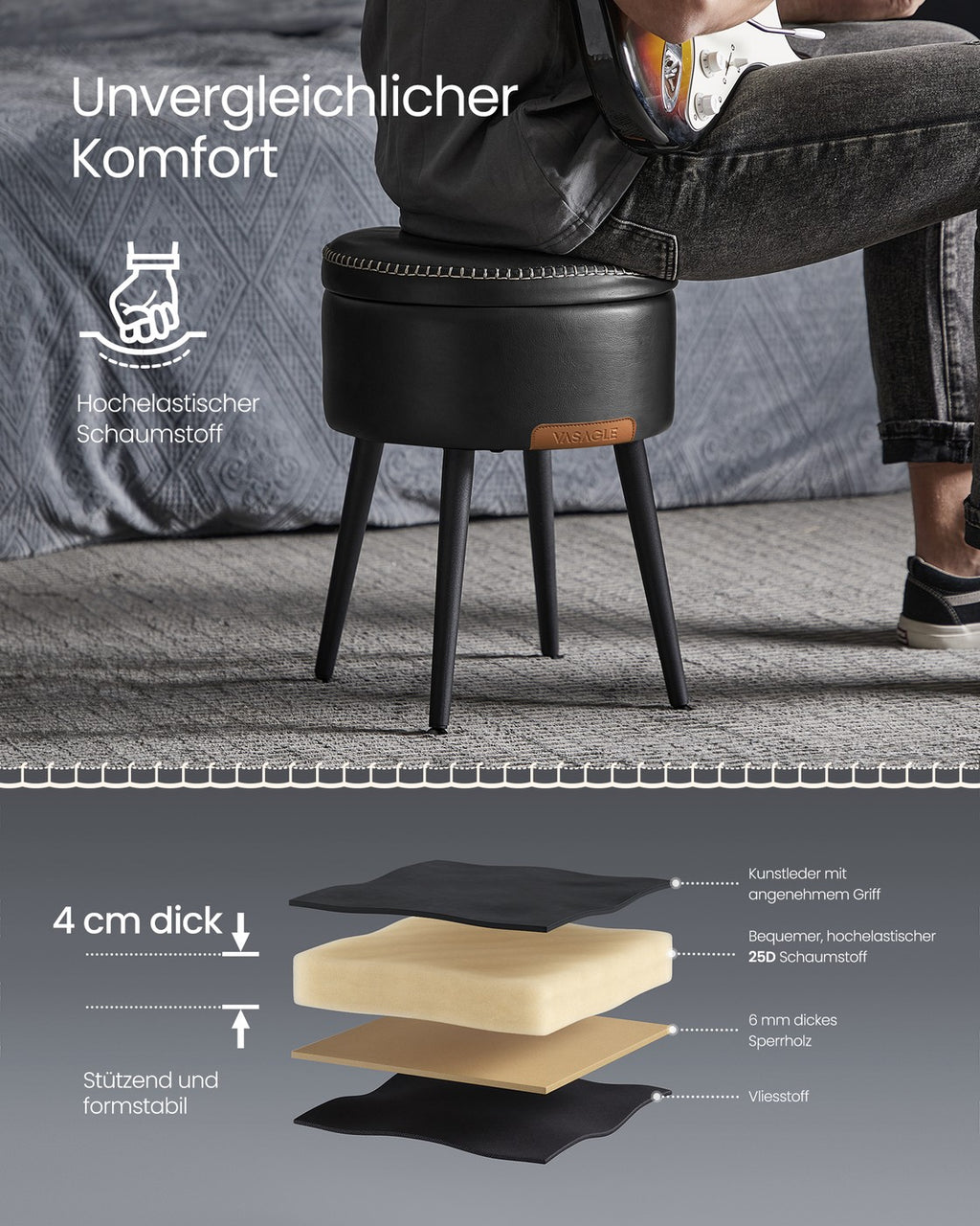 EKHO Kollektion - Sitzhocker Mid-Century-Stil tintenschwarz