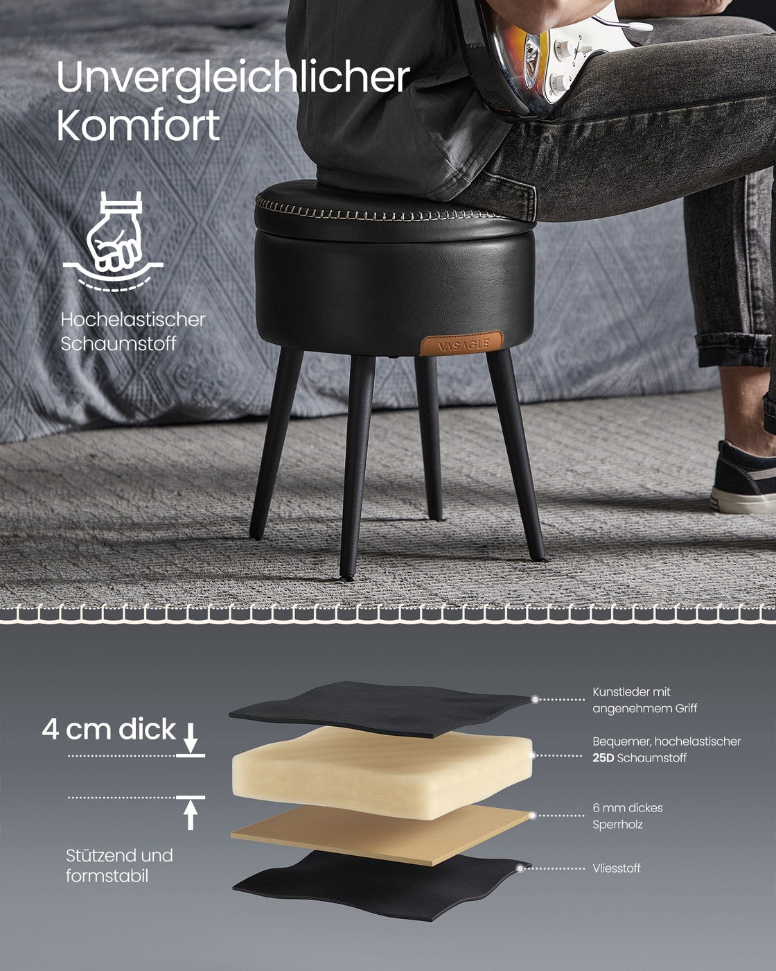 EKHO Kollektion - Sitzhocker Mid-Century-Stil tintenschwarz