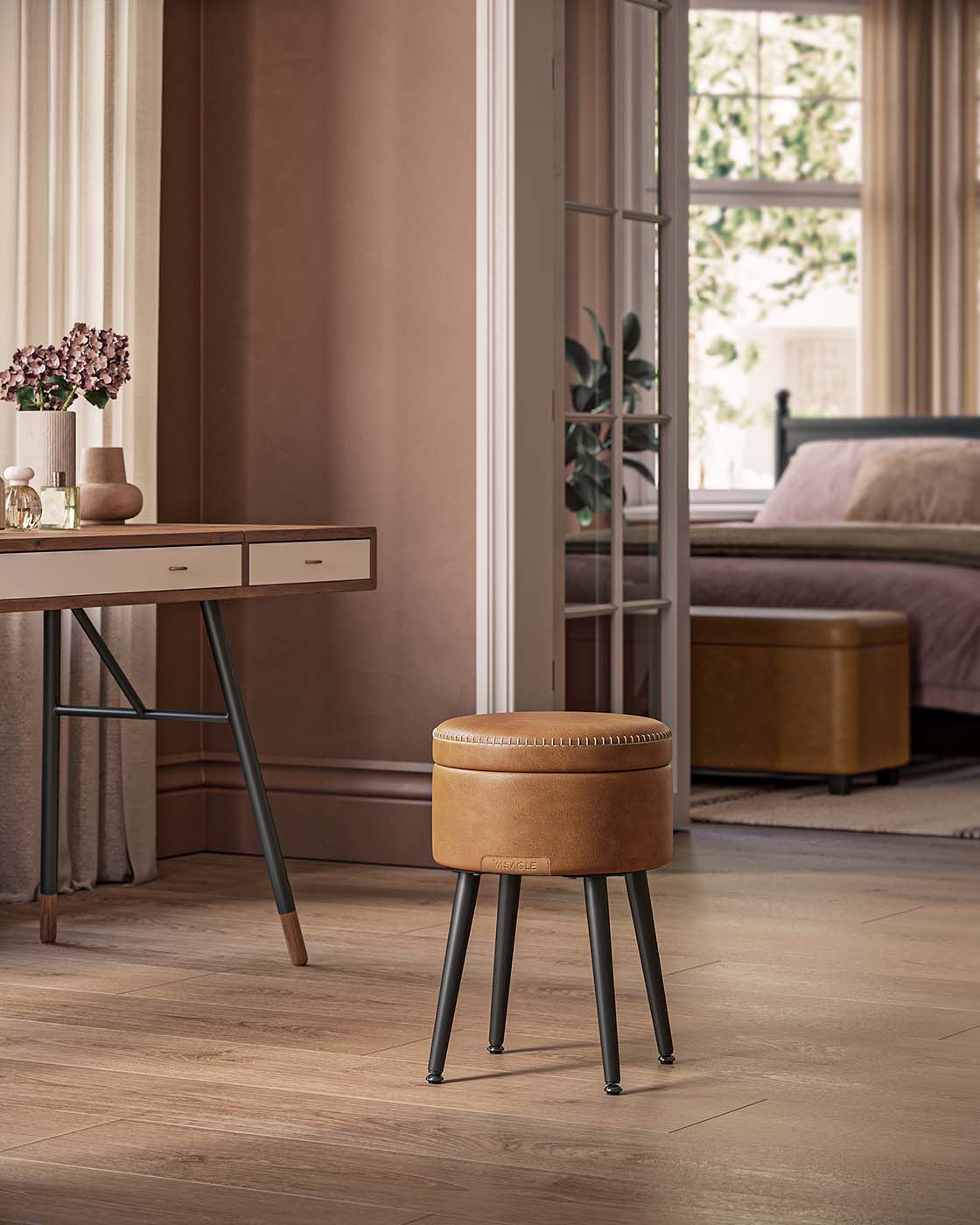 EKHO Kollektion - Sitzbank mit Stauraum Mid-Century-Stil rund karamellbraun