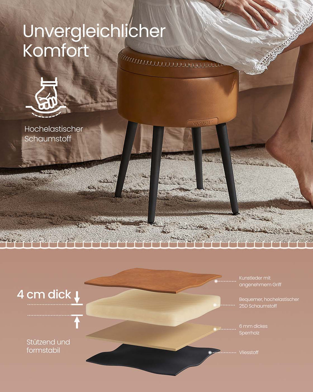EKHO Kollektion - Sitzbank mit Stauraum Mid-Century-Stil rund karamellbraun