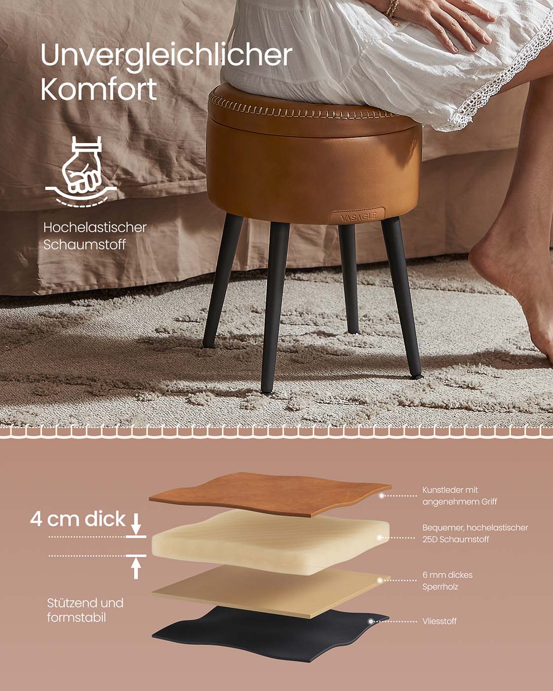 EKHO Kollektion - Sitzbank mit Stauraum Mid-Century-Stil rund karamellbraun