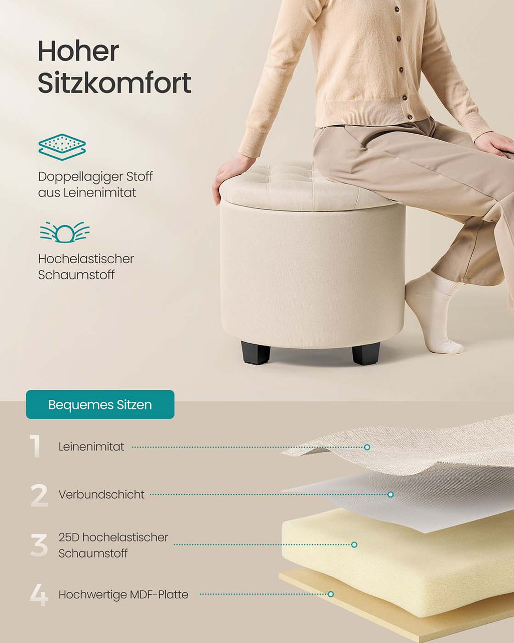 Fußhocker mit Stauraum Hellbeige