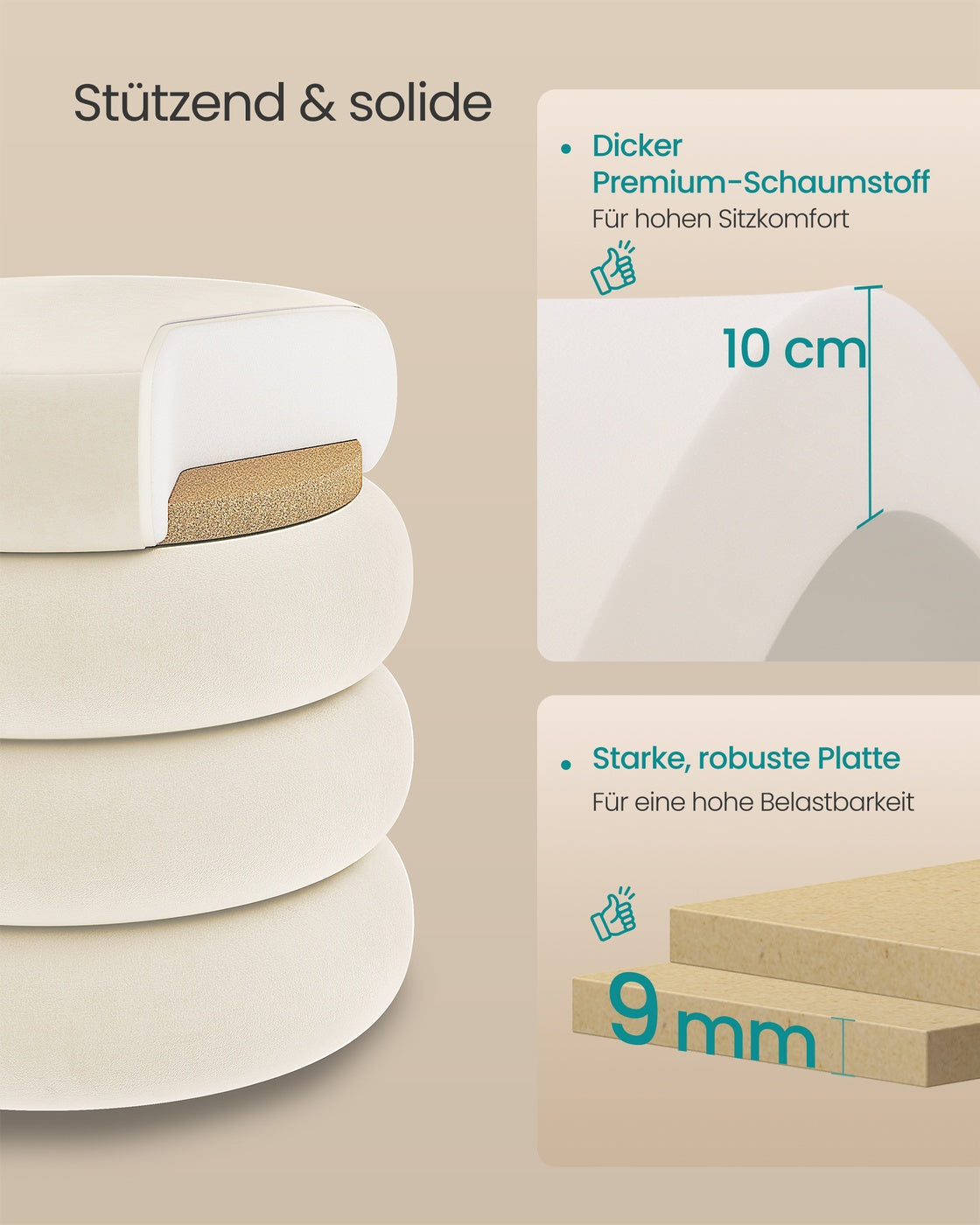 Schminkhocker rund mit Stauraum abnehmbarer Deckel 43 x 47 cm cremeweiß