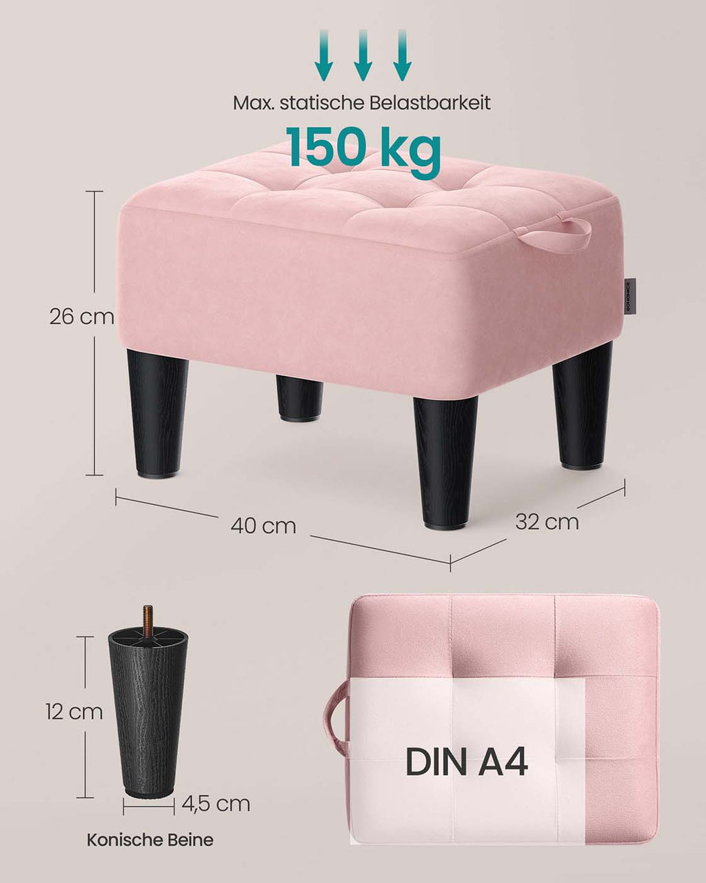 Sitzhocker aus Samt mit dicker Polsterung pastellrosa-tintenschwarz