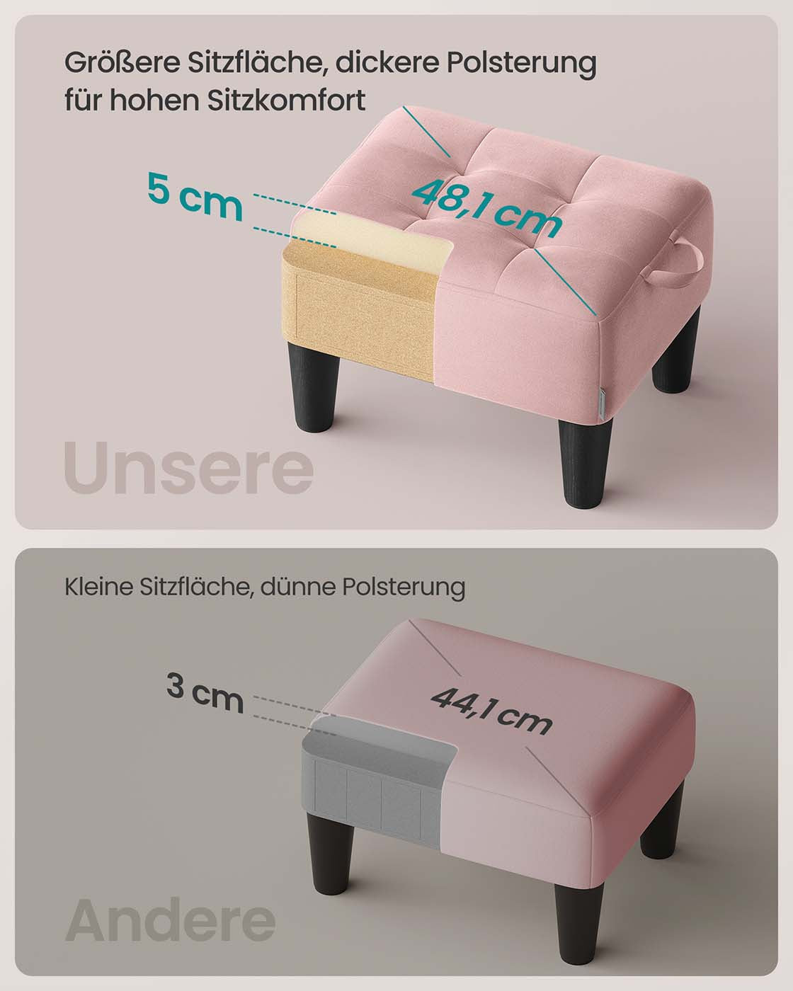 Sitzhocker aus Samt mit dicker Polsterung pastellrosa-tintenschwarz