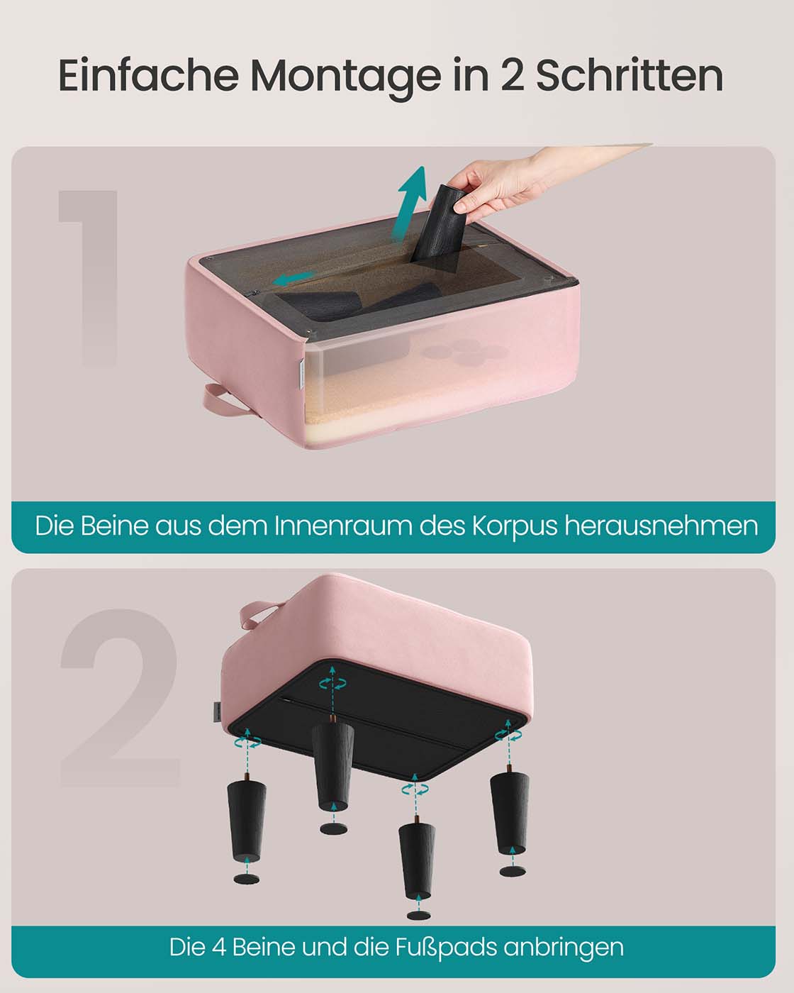 Sitzhocker aus Samt mit dicker Polsterung pastellrosa-tintenschwarz