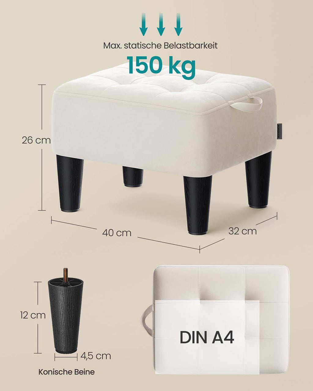 Sitzhocker aus Samt mit dicker Polsterung cappuccinobeige-tintenschwarz