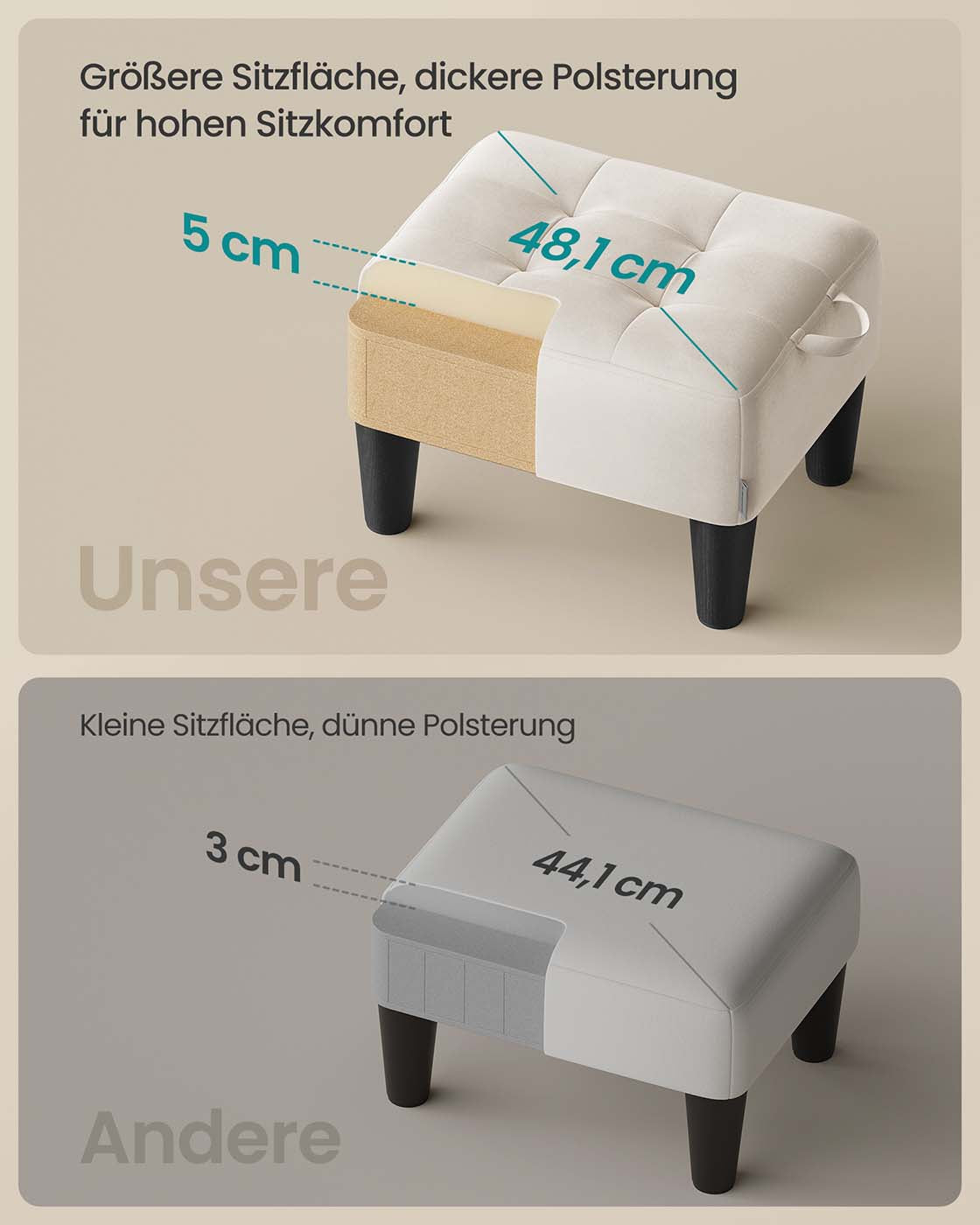 Sitzhocker aus Samt mit dicker Polsterung cappuccinobeige-tintenschwarz