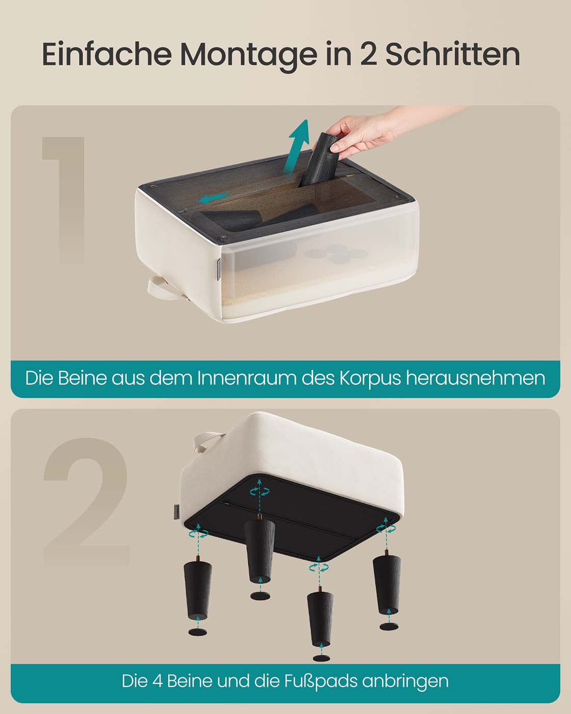 Sitzhocker aus Samt mit dicker Polsterung cappuccinobeige-tintenschwarz