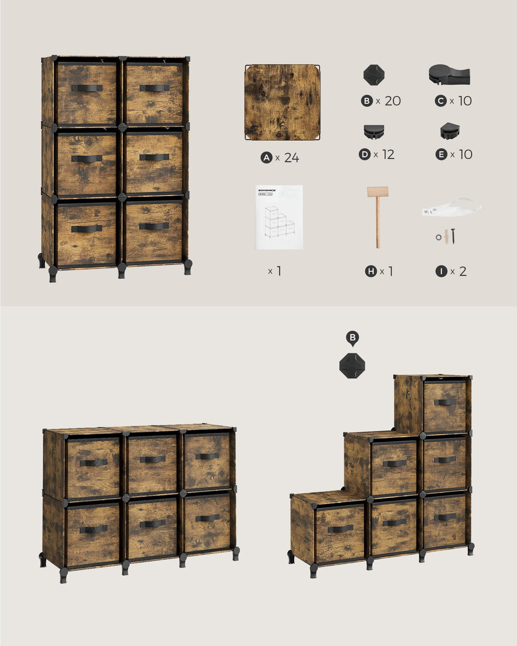 Würfelregal mit 6 Boxen platzsparend und erweiterbar