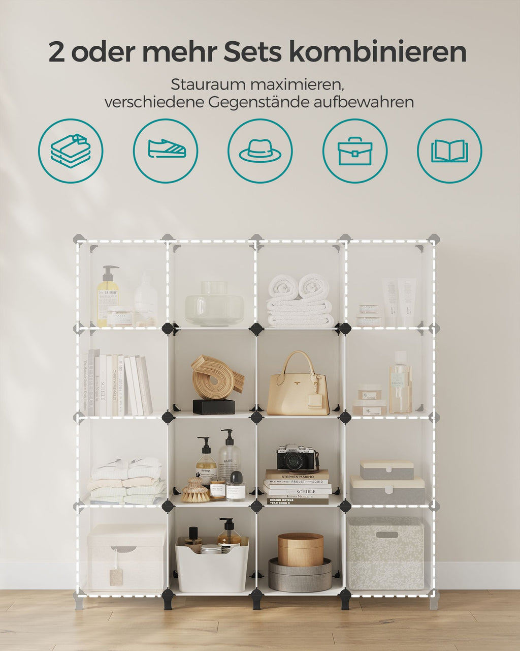 Steckregal 93 x 31 x 93 cm mit 6 Fächern cremeweiß
