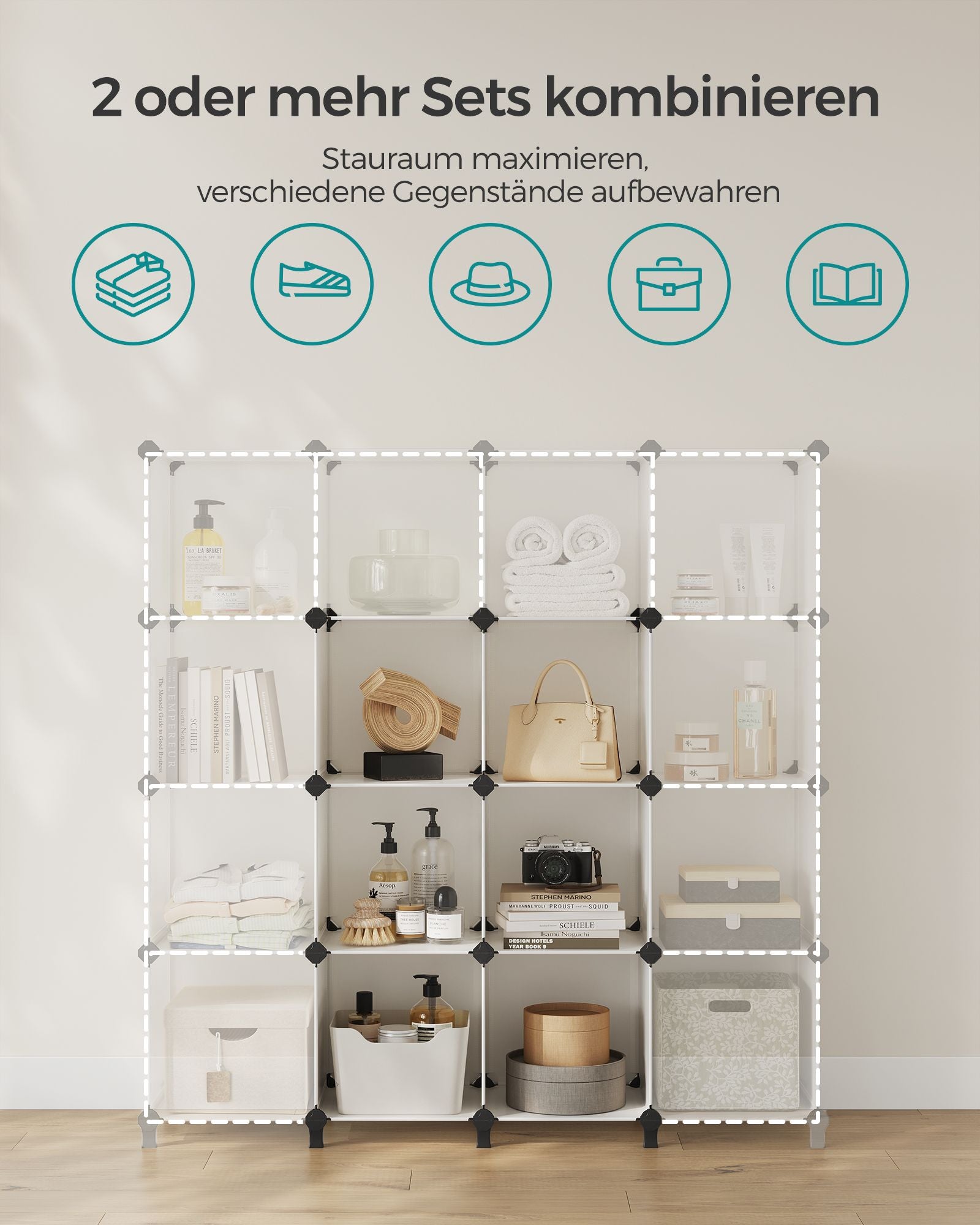 Steckregal 93 x 31 x 93 cm mit 6 Fächern cremeweiß