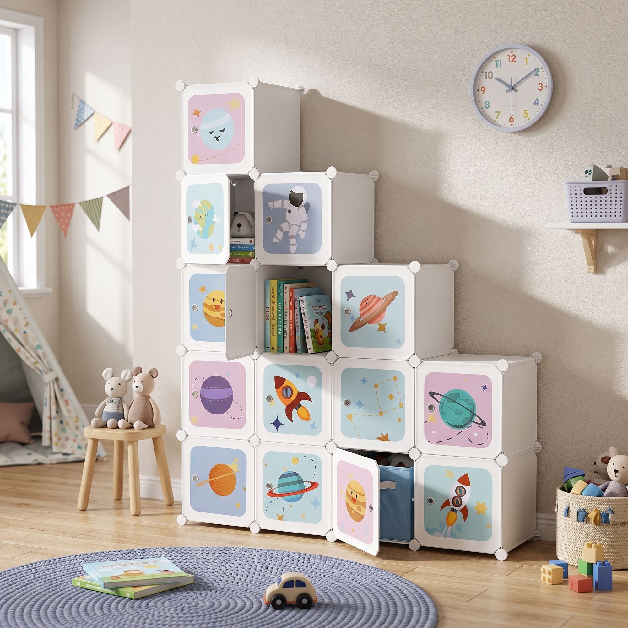 Regalsystem mit 15 Würfeln, Aufbewahrungsschrank für Kinder, Kleiderschrank mit Türen