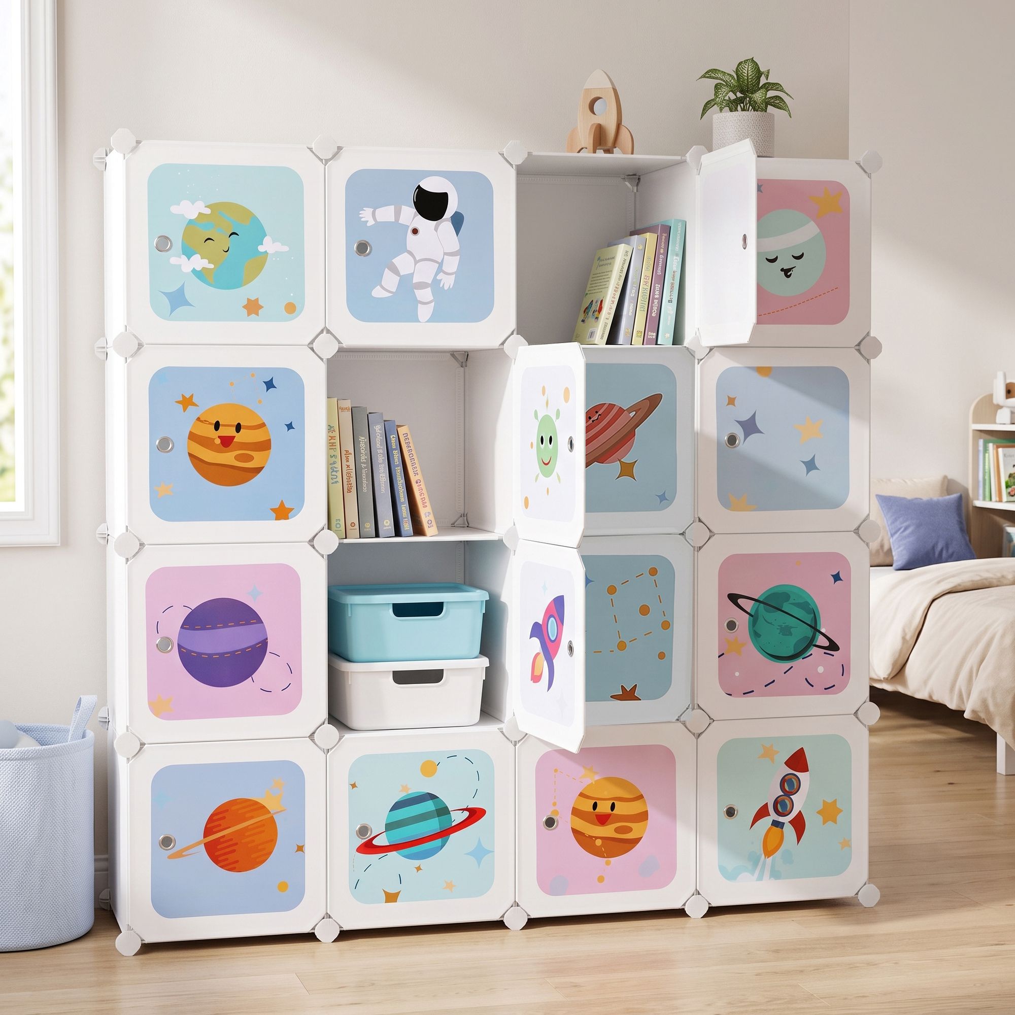 Regalsystem mit 15 Würfeln, Aufbewahrungsschrank für Kinder, Kleiderschrank mit Türen
