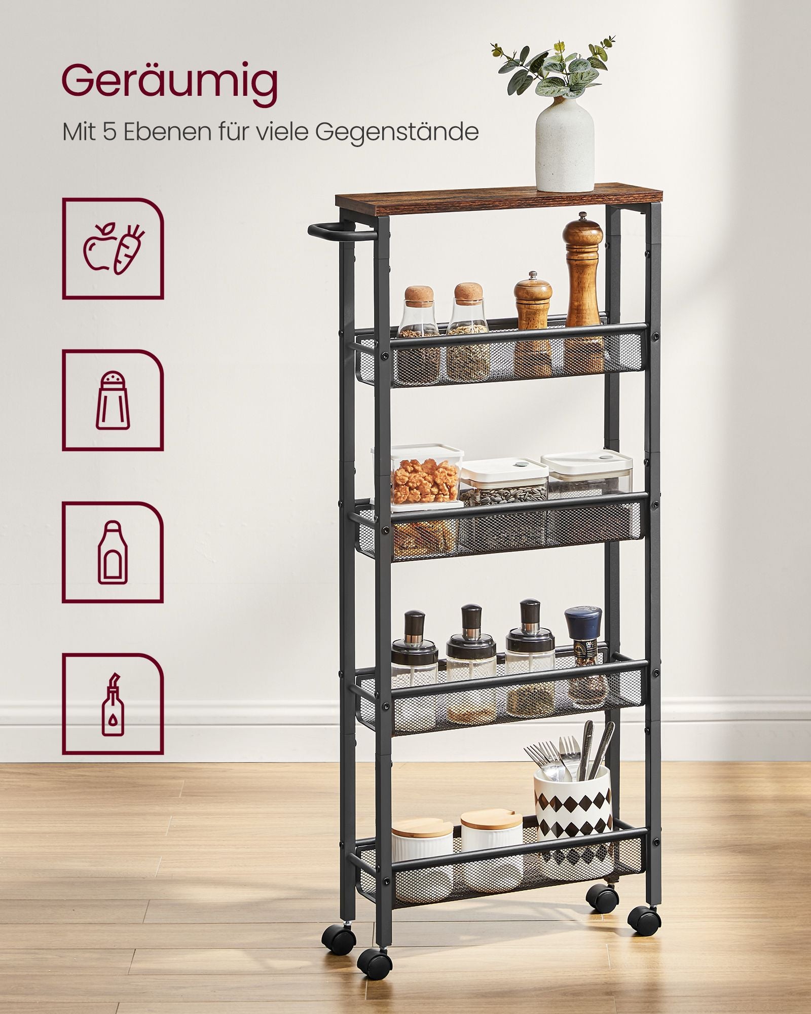 Rollwagen 5 Ebenen schmal vintagebraun-schwarz