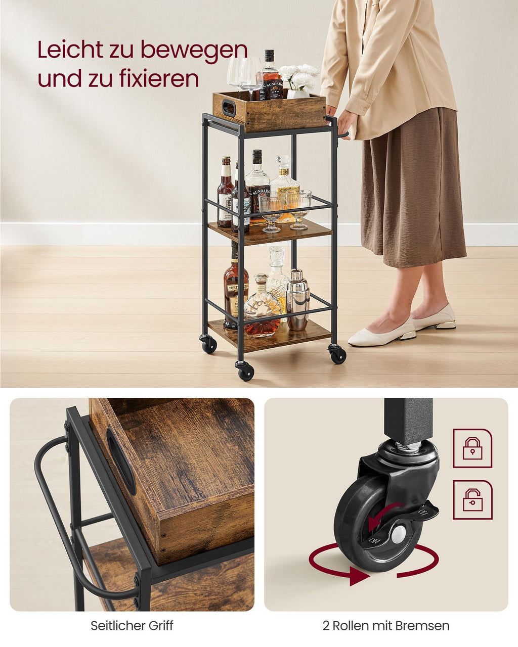 Servierwagen mit Füßen und Rollen vintagebraun-schwarz