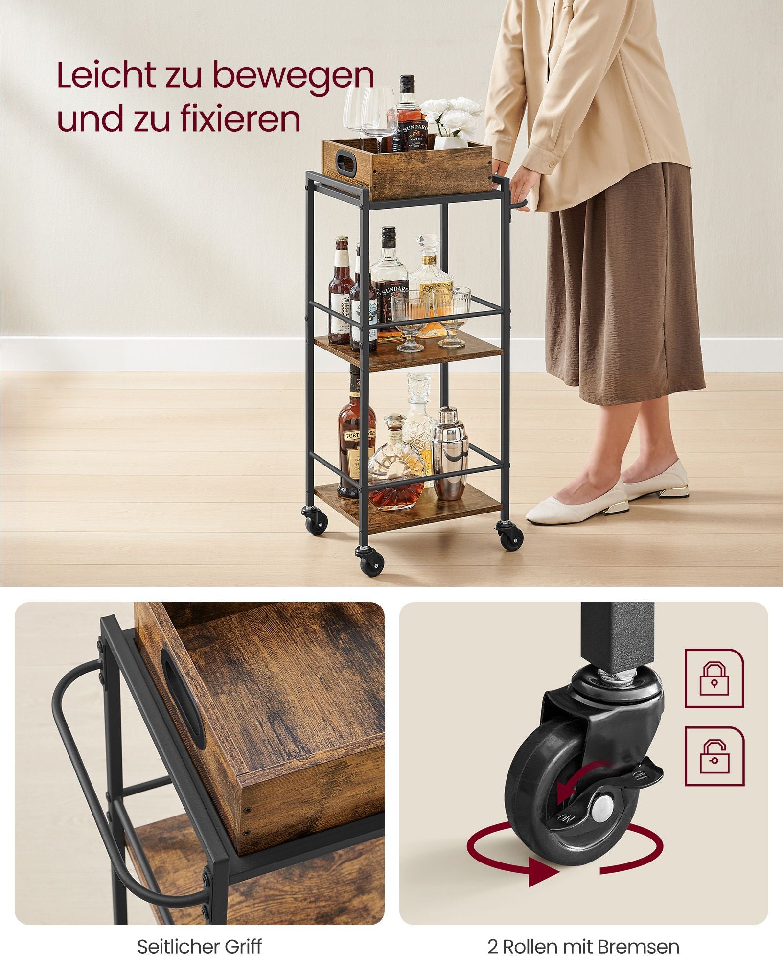 Servierwagen mit Füßen und Rollen vintagebraun-schwarz