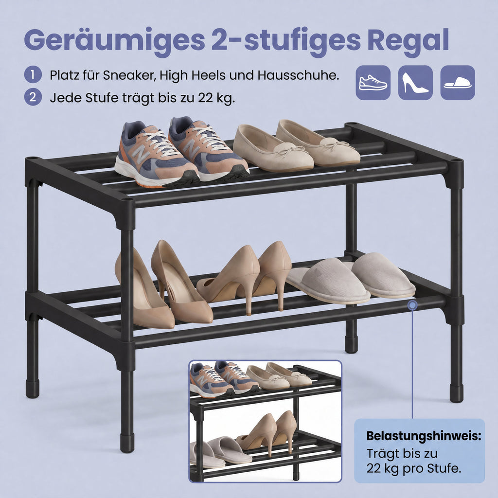 Schuhregal 2 Ebenen, Schmale Schuhablage aus Metall, Platzsparendes Steckregal