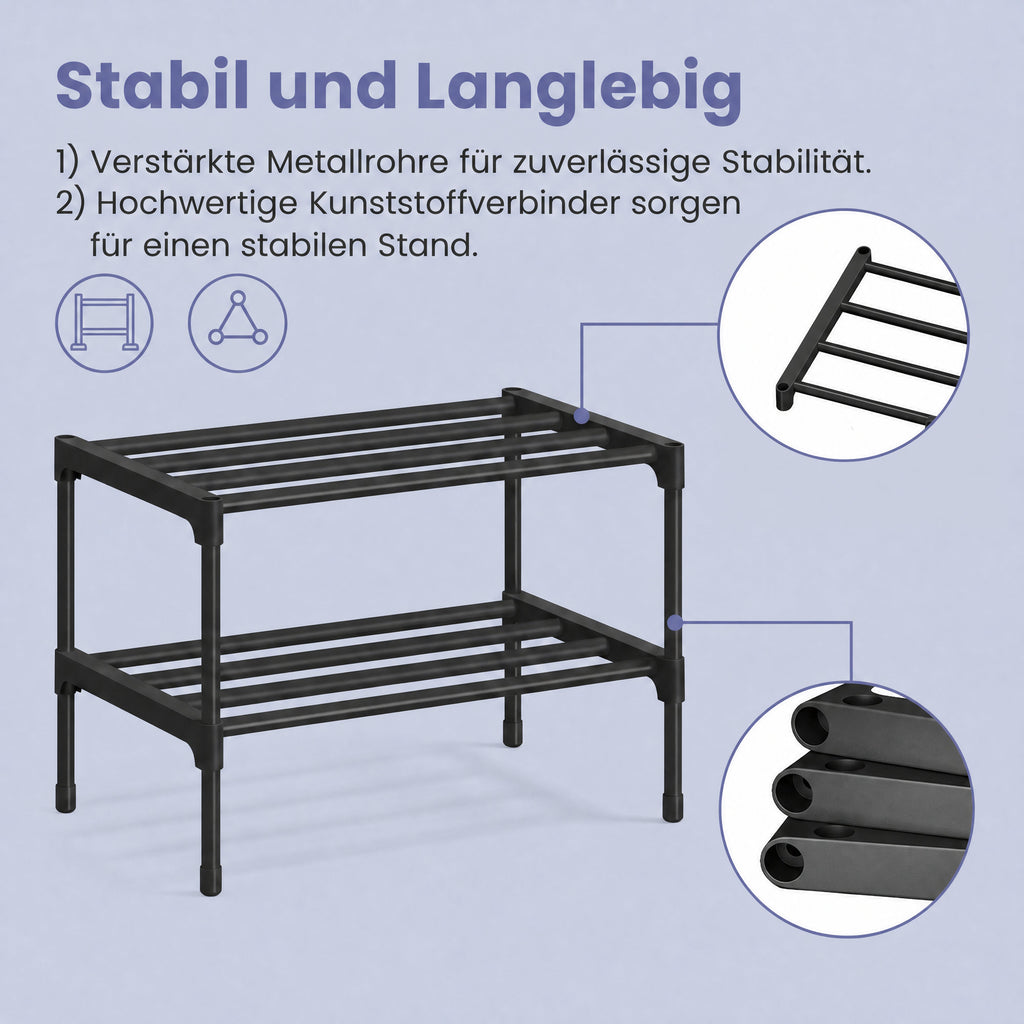 Schuhregal 2 Ebenen, Schmale Schuhablage aus Metall, Platzsparendes Steckregal