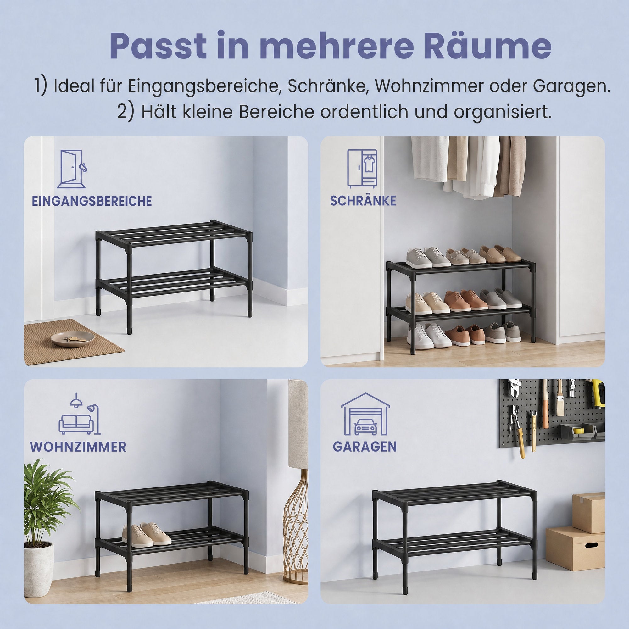Schuhregal 2 Ebenen, Schmale Schuhablage aus Metall, Platzsparendes Steckregal