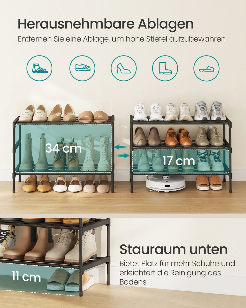 Schuhregal Metall schwarz 3 Ebenen 62,3x30x55 cm stapelbar